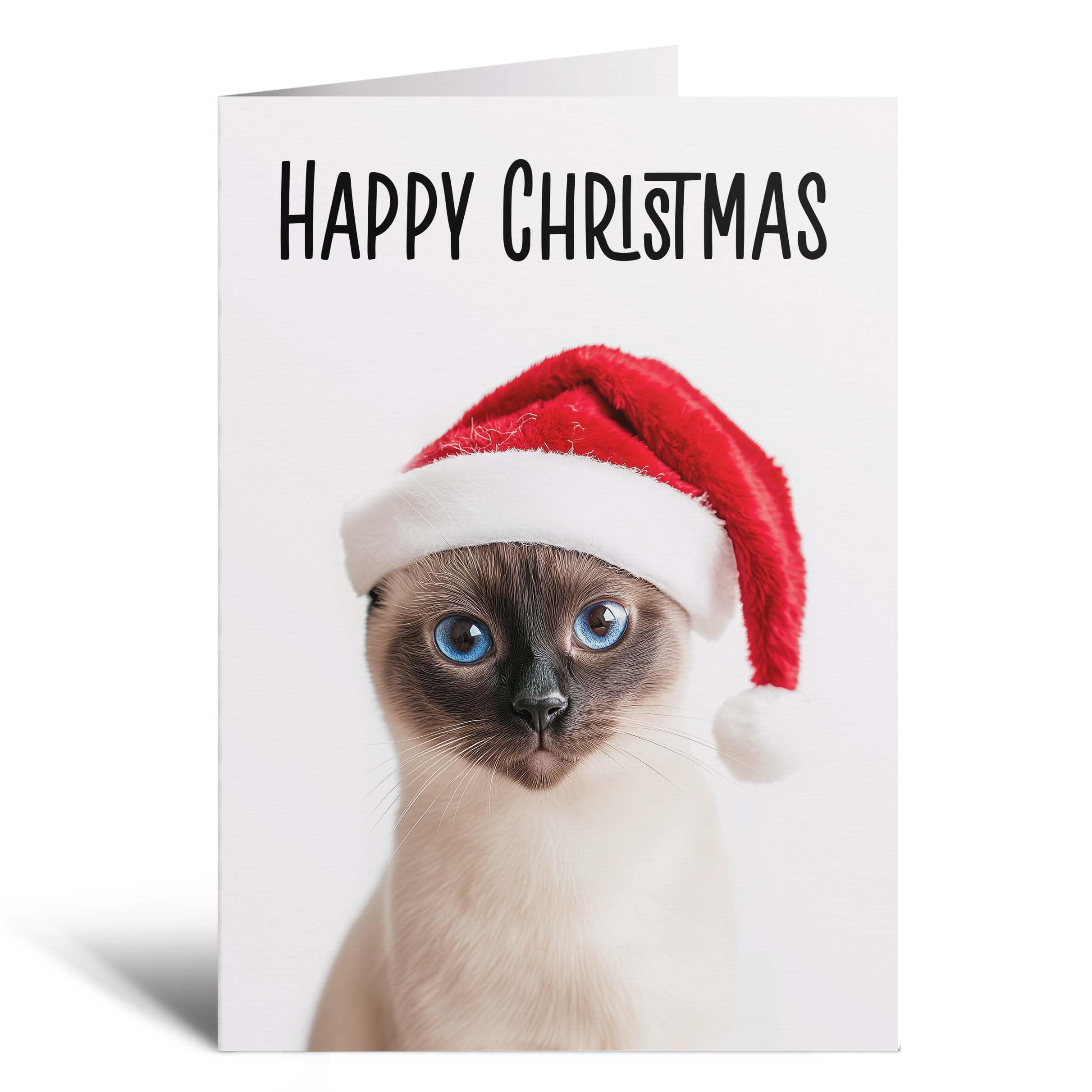 Postcard Prints - Fun Christmas Card of a Siamese Cat Wearing A Santa Hat Whimsical Christmas Card For Animal Lover For Him or Her - 4 Cards