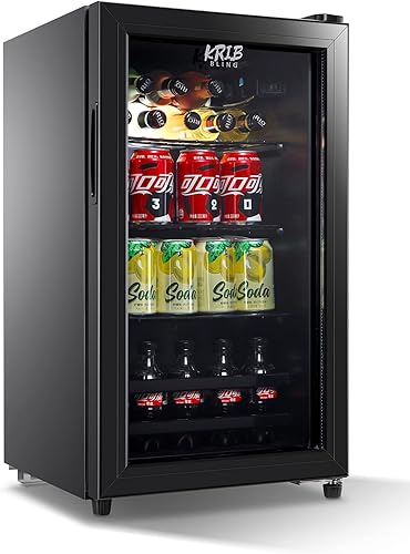 KRIB BLING Refrigerador de bebidas de 120 latas, enfriador de bebidas independiente con estantería ajustable, puerta de vidrio para cerveza o vino,
