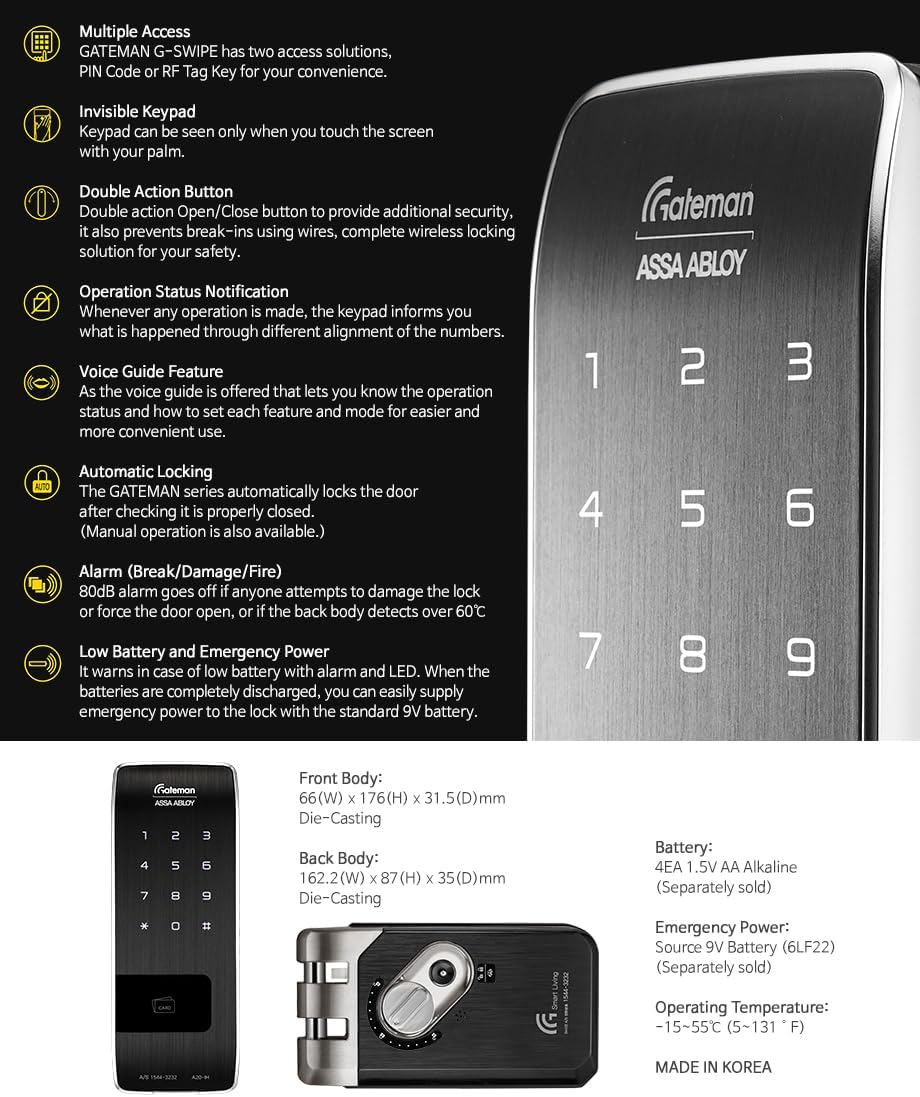 G-Touch Digital Vertibolt Rim Lock - Traceless Super Slim Body, Master Mode, Forced Lock, Automatic Locking, Volume Control, Silent Low Battery Alarm, Emergency Power Support