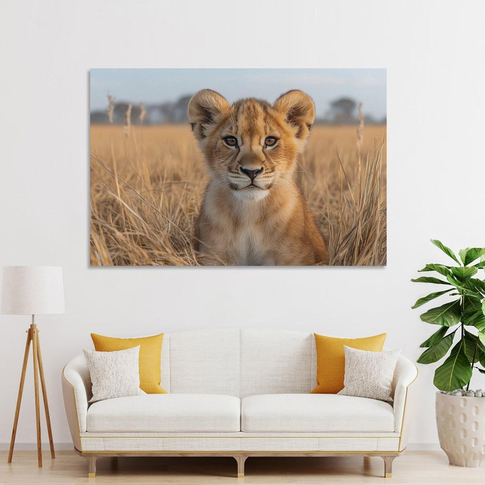 Junmoney Lion Cub Portrait in Tall Grass Canvas Art Print 20x30inch(50x75cm), for Feature Walls in Flats Or Modern Rooms, Ideal for Building A Coordinated Art Wall