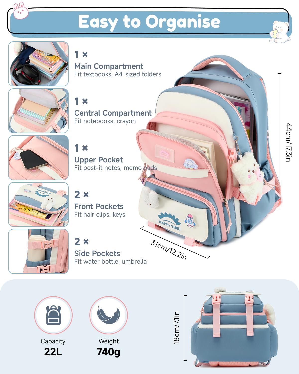 Tanou Cartable Fille Primaire, 20L Sac a Dos Fille Kawaii avec Pendentif | Sacs Scolaires Léger et Imperméable en Nylon pour Enfants de 8 à 14 ans, Bleu