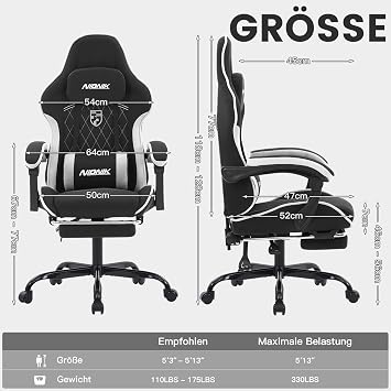 Gaming Chair Racing Gaming Chair with Footrest Ergonomic Gaming Chair Headrest Adjustable Computer Chair Height Adjustable Lumbar Support for Home Office and Gaming Black White