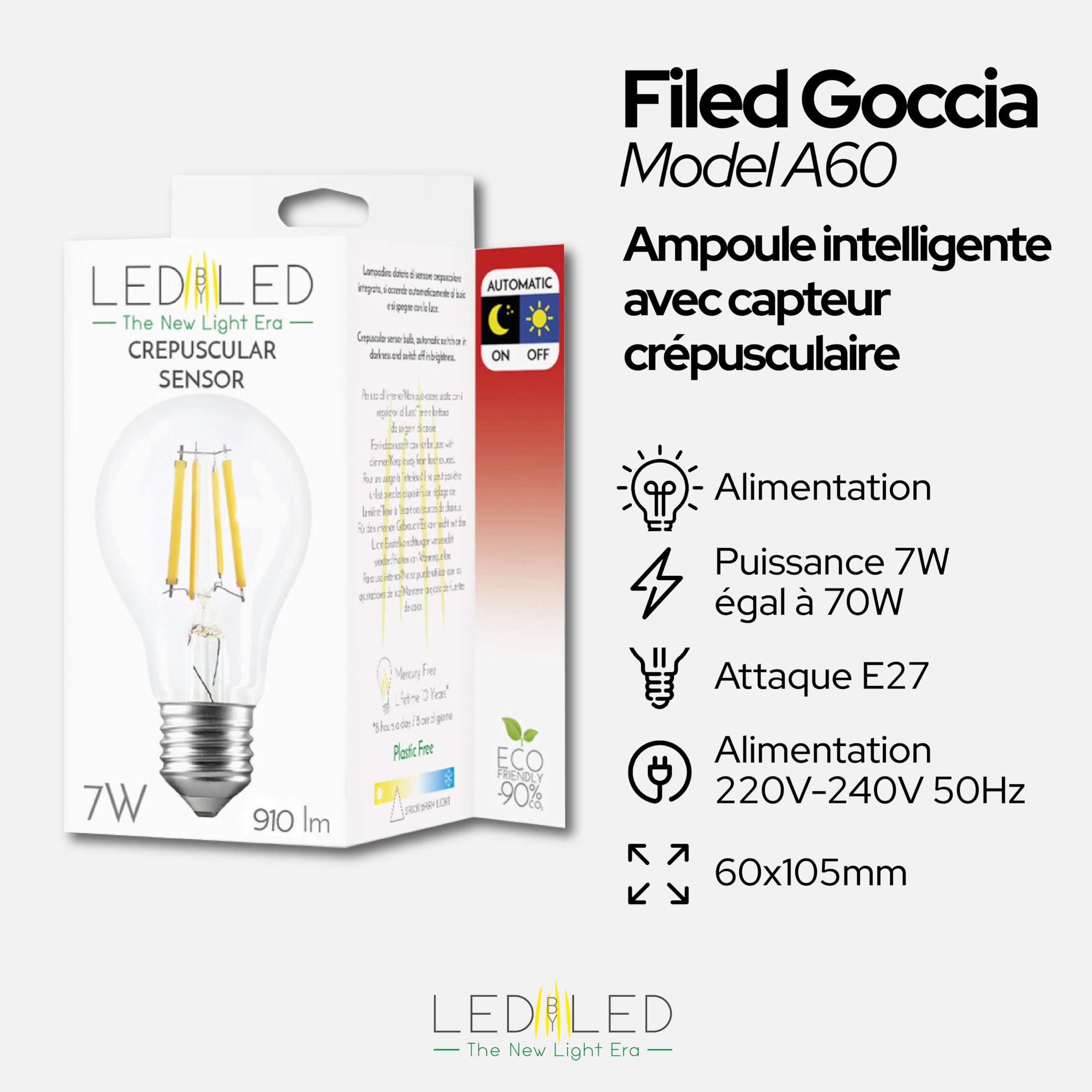 Ampoule Smart Goccia A60 7W, E27, verre transparent, capteur crépusculaire, 2700K lumière chaude, filament LED droit, 806 lumens, lot de 10 pièces