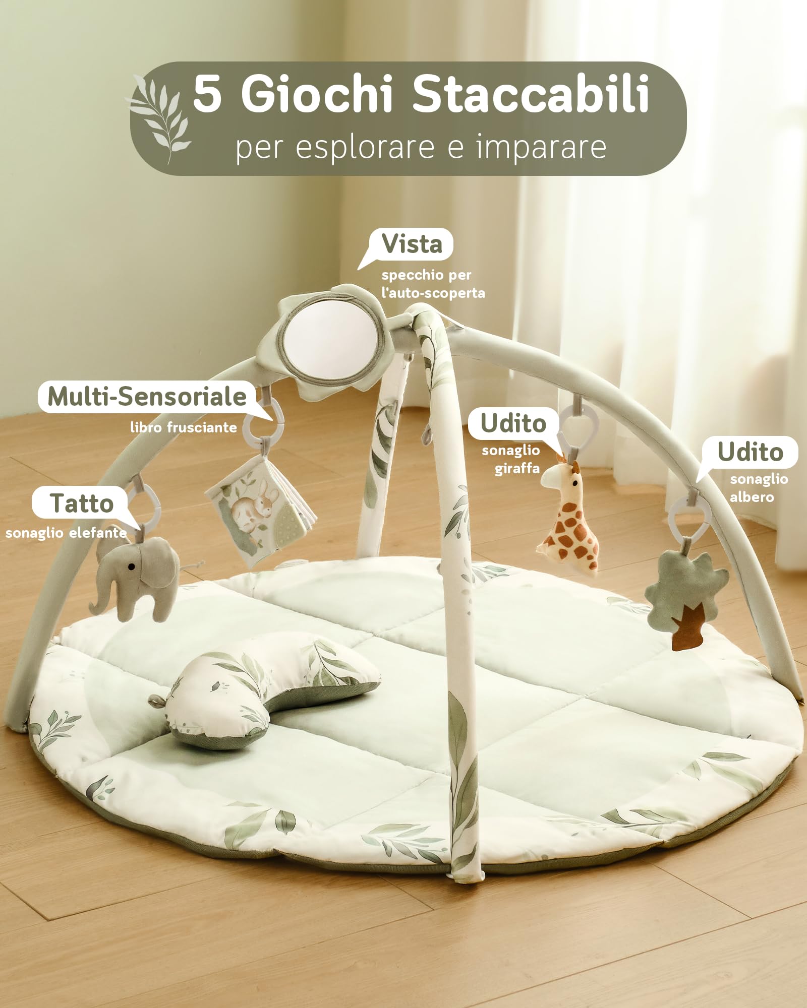 Fortella Palestrina Neonato Evolutiva Tappetino Gioco Attività 5 Giocattoli Sensoriali Specchio Cuscino 0-12 Mesi Verde