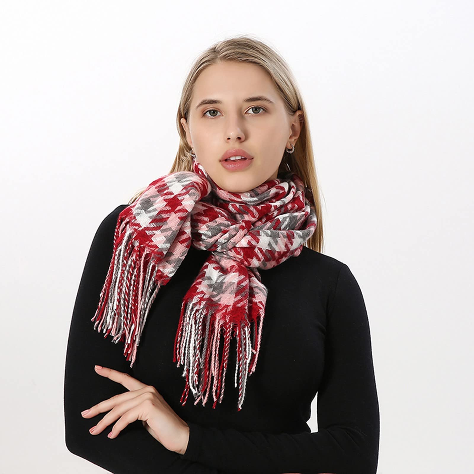 Scialle da Donna Invernale Sciarpa Grande Leggera Morbida a Quadri Scialle di Lana Foulard Grande Firma Calda Stola Pashmina Cashmere Elegante(Rd1-One Size)