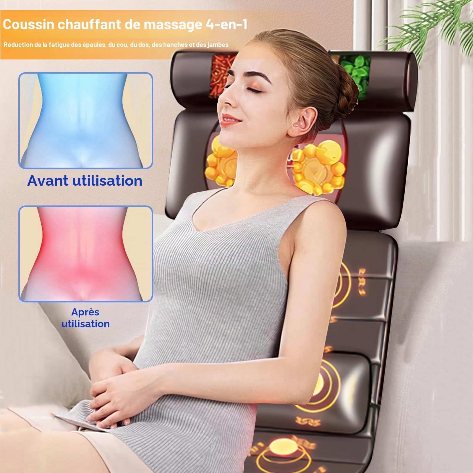 Coussin de massage dorsal avec fonction chauffante, 9 modes de massage, mode vitesse avec masseur de cou amovible et masseur multifonction pour les jambes et les pieds pour la maison et le bureau