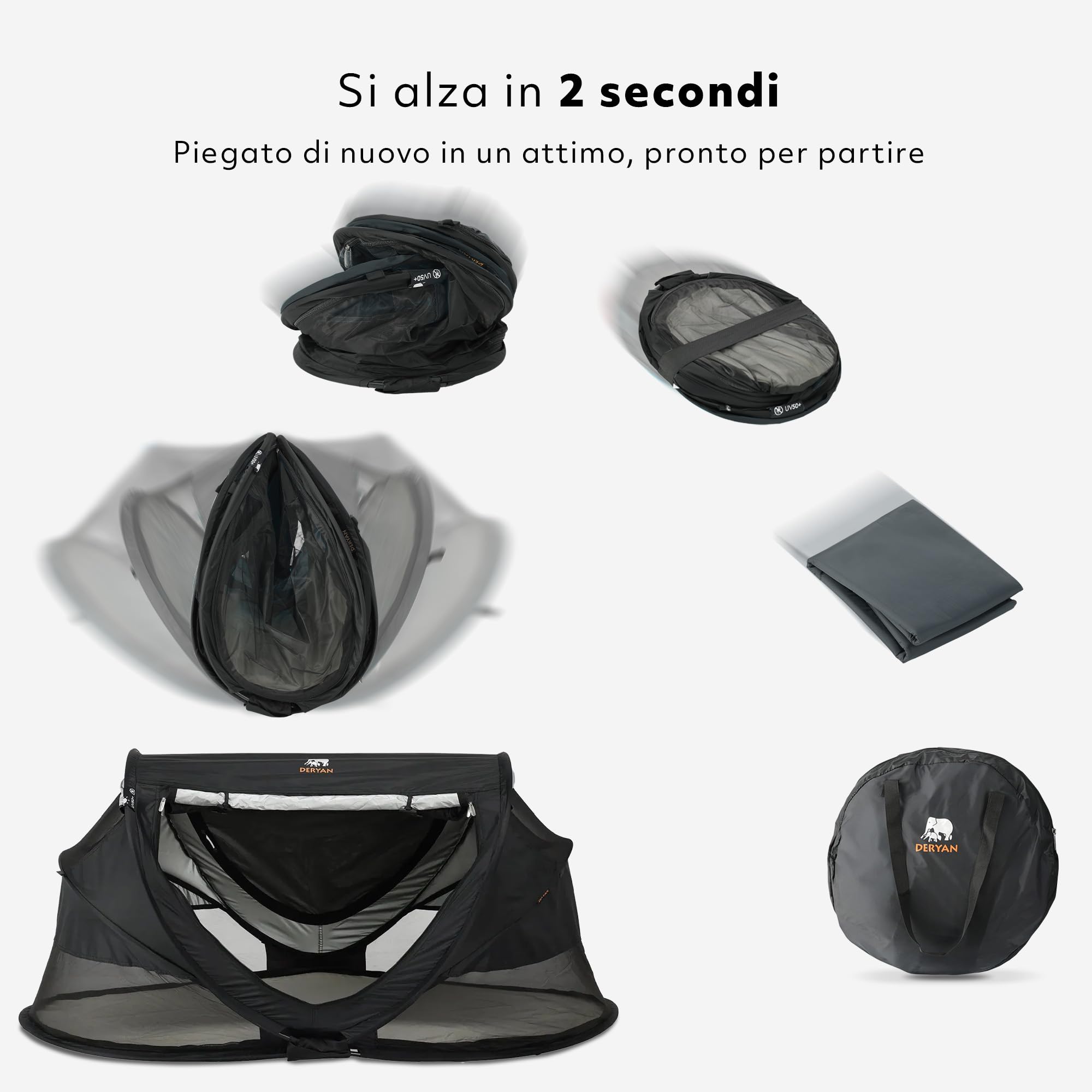 DERYAN Lettino da viaggio Peuter Luxe - Nero - Sistema pop-up - Set-up in soli 2 secondi - Copertura in cotone con cerniera, materasso ad aria autogonfiante e borsa per il trasporto