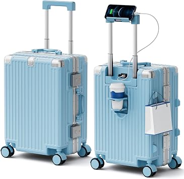 Checked Luggage, Zipperless Aluminum Frame Suitcase, Blue, 24 in | Hardside, Spinner Wheels, Charger Port, Cup and Phone Holder, Wet and Dry Separation Pocket, Slow Rebound Handle, TSA Lock