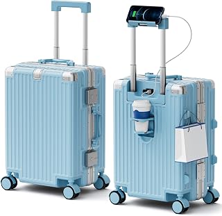 Carry On Luggage, Zipperless Aluminum Frame Suitcase, Blue, 20 in | Airline Approved, Hard Shell, 360°Spinner Wheels, Charger Port, Wet and Dry Separation Pocket, Slow Rebound Handle, TSA Lock