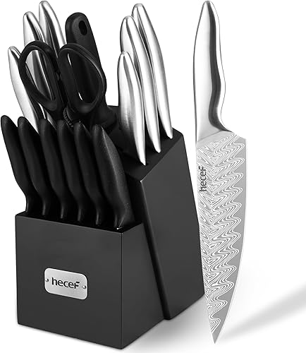 hecef Juego de cuchillos de cocina con bloque de madera, mango patentado de 15 piezas, acero inoxidable de alto carbono, tijeras, acero para afilar