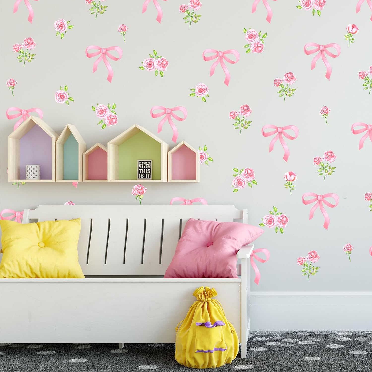 FYSUIMU 12 Sheets Pink Bow Wall Decals Aesthetic Bowknot Floral Wall Stickers Spring Mural Walls Decor for Home Nursery Bedroom Living Room