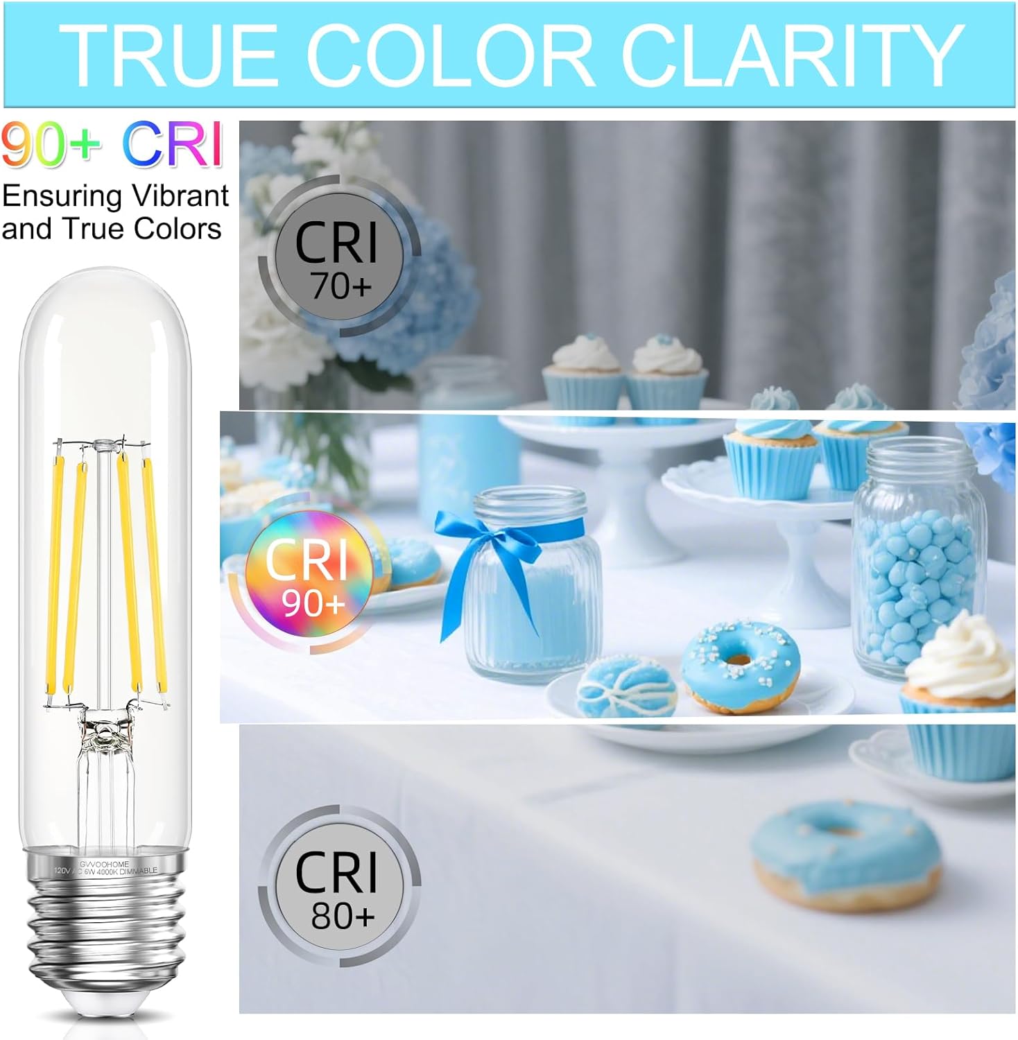 GvvooHome Tubular LED Edison Bulb Dimmable 4000K Neutral White, 6W, 60 watt Equivalent, E26 LED Light Bulbs, T10 Edison Bulbs for Chandeliers, Ceiling Fan, 90+CRI 600LM, 6 Pack