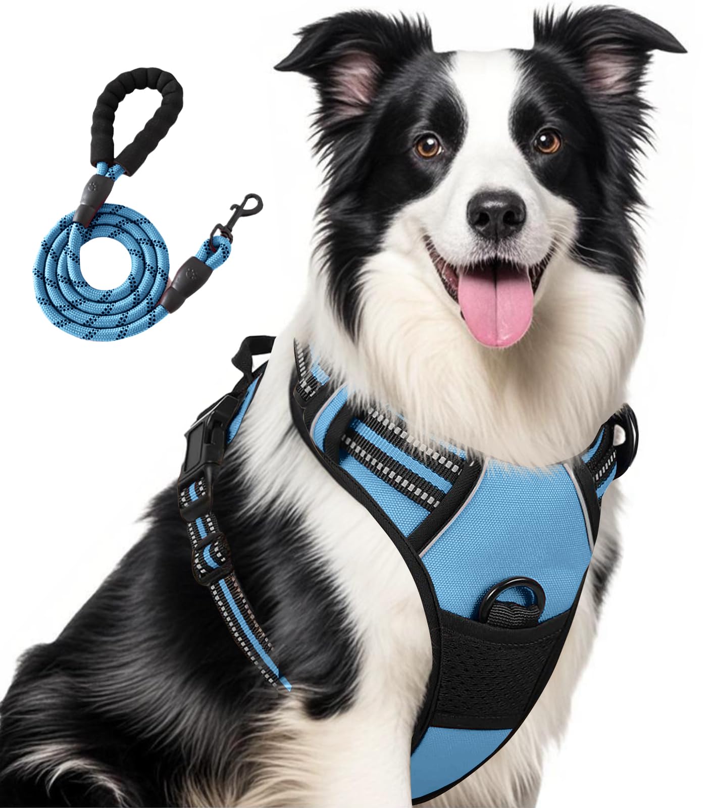 Jomkig Adjustable No Pull Dog Harness with Easy Control Soft Padded Handle for Large Dogs Reflective Breathable Pet Vest Outdoor Walking Training, Blue, Large