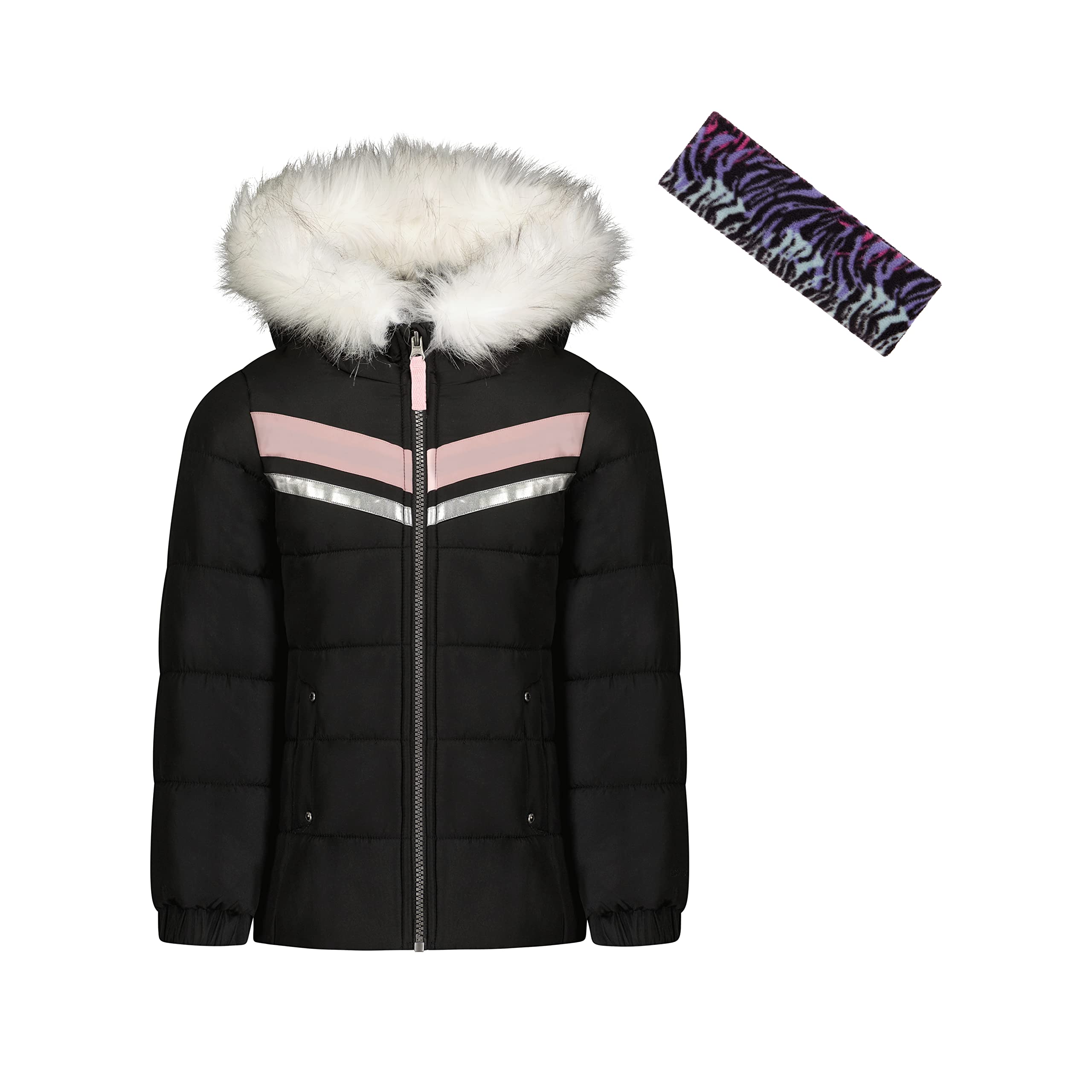 Photo 1 of LONDON FOG Baby Girl's Winter Jacket, with Faux Fir Trim, Black with Pink & Metallic Silver Chest Stripes & Matching Tie-Dye Fleece Headband, 14/16