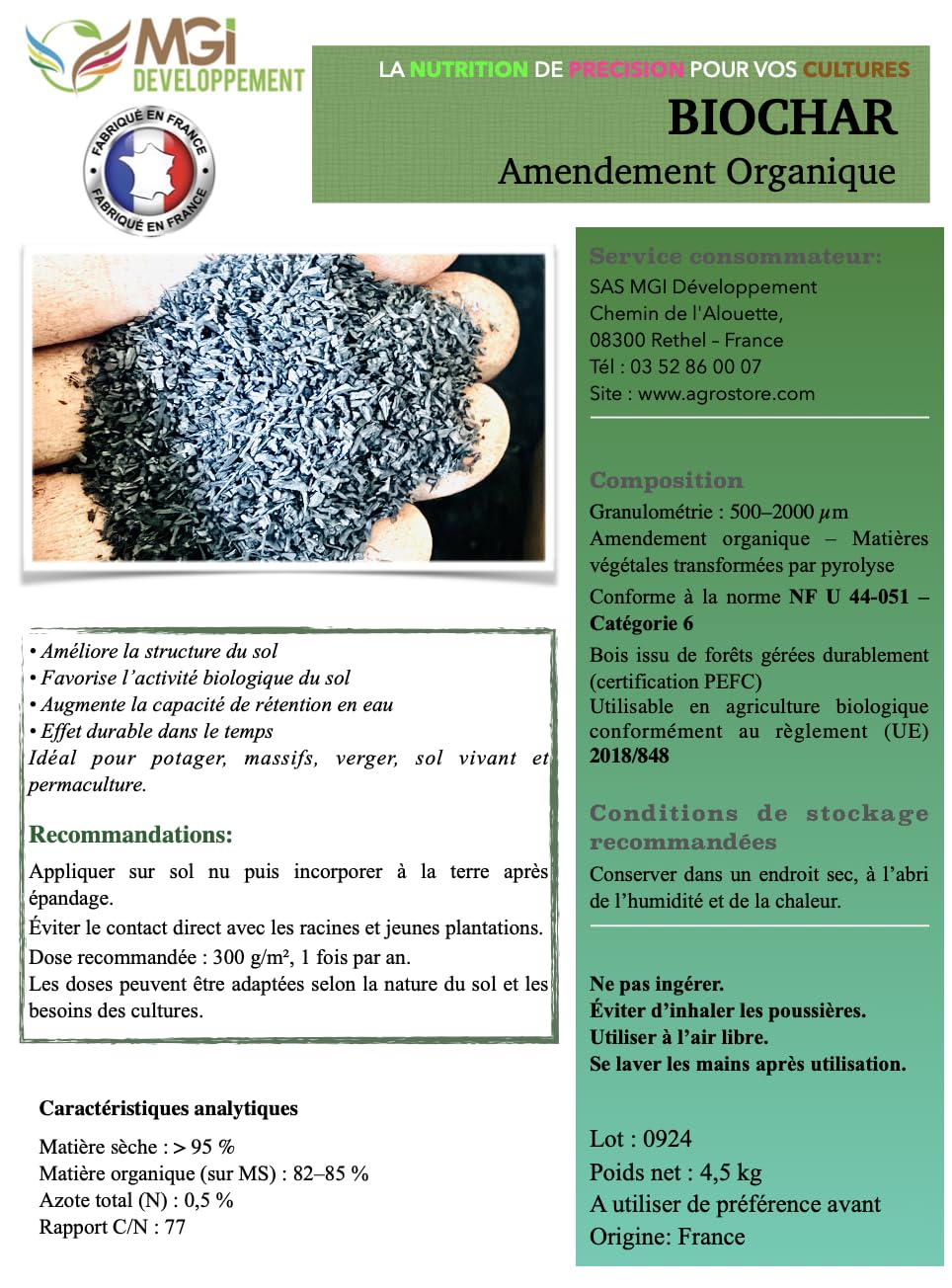Biochar - Amendement organique - 100% Charbon végétal pour sols issu de la pyrolyse de bois français non traité - 0,5 à 2mm (4,5 kg)