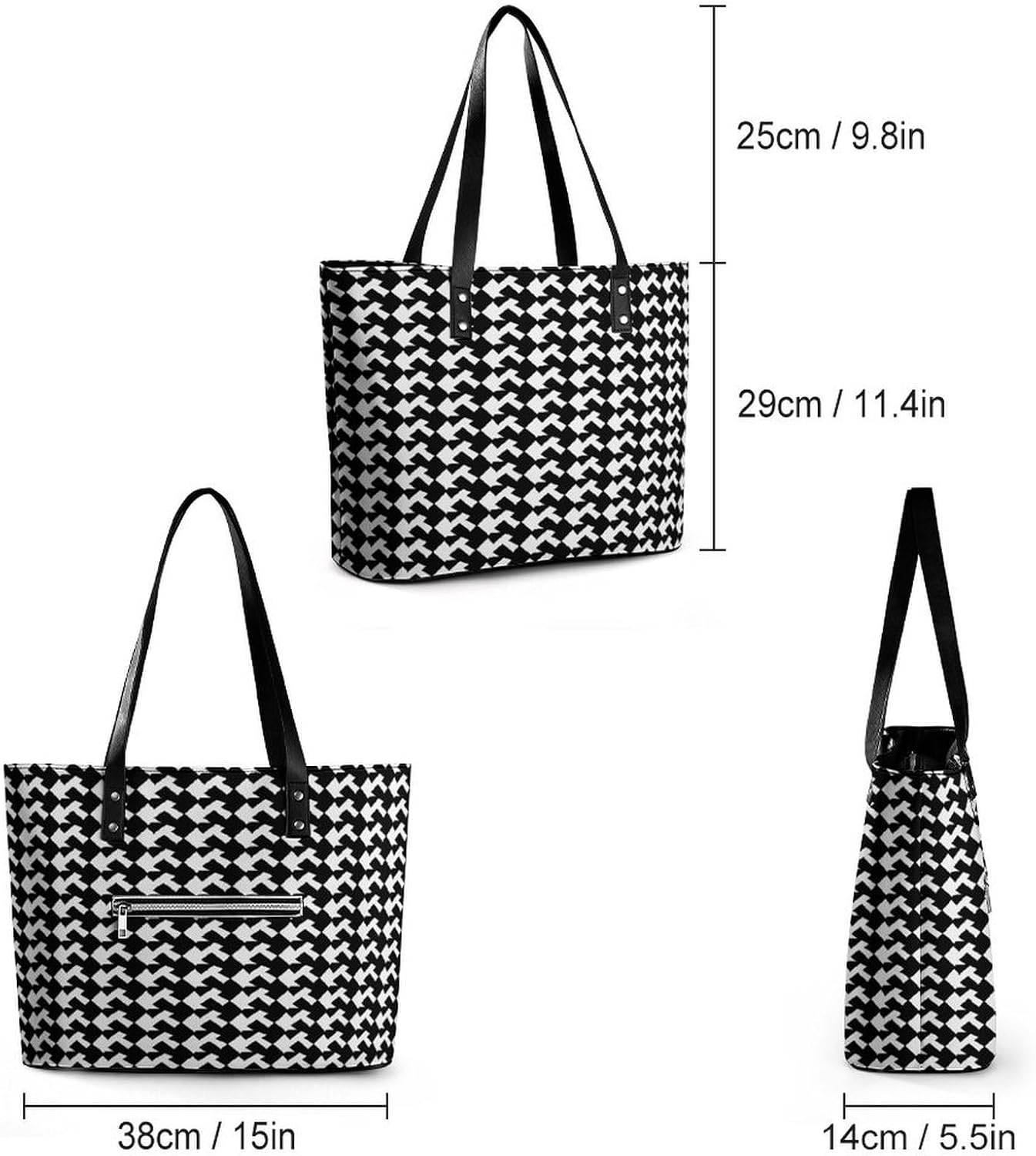 Houndstooth Black Tote Bag for Women Top Handle Large Size Satchel Purse Ladies Chic Shoulder Bag Aesthetic Leather Shoulder Handbag for Work Travel Cute Casual Message Bags