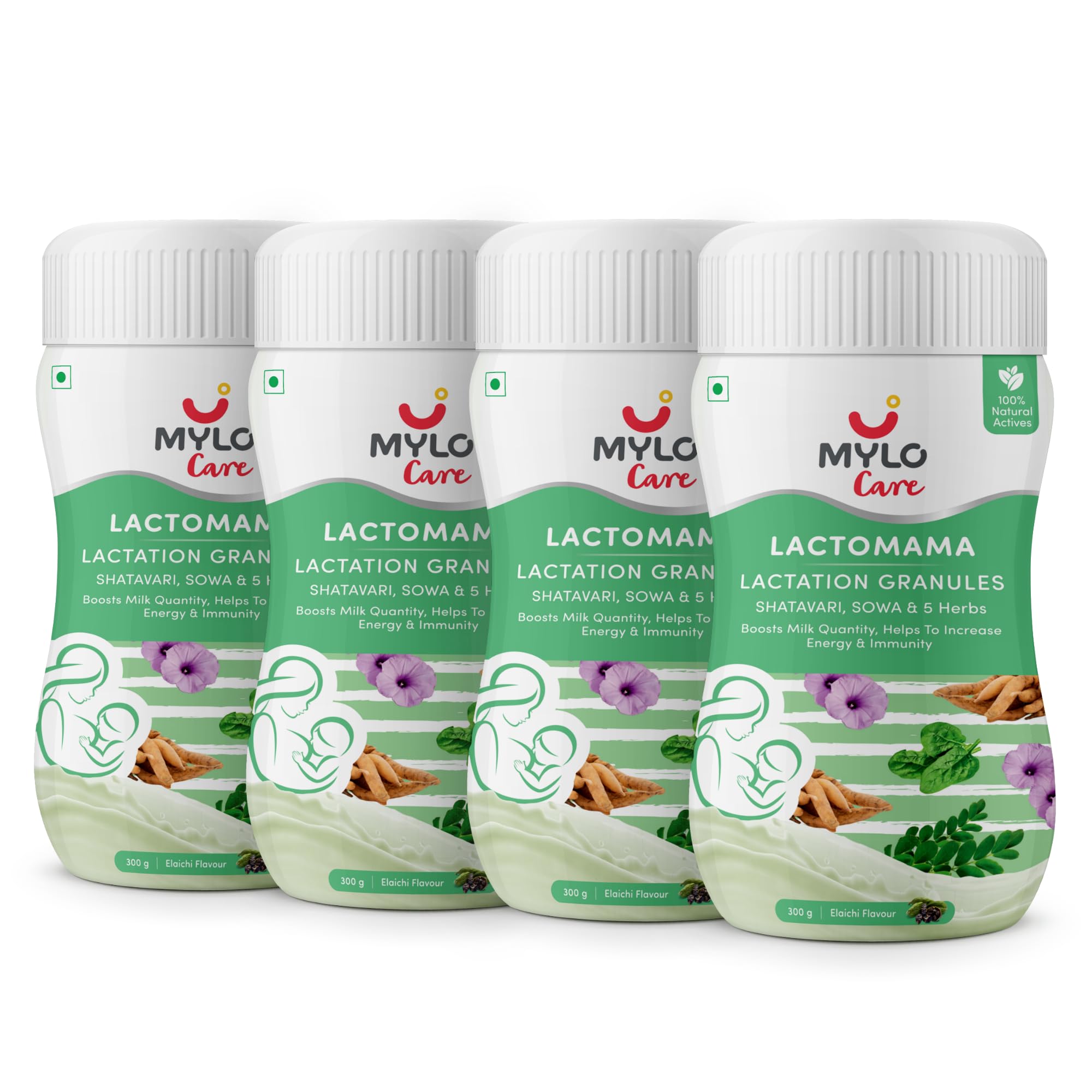 Mylo Lactomama Granules – Lactation Supplement for breastfeeding with Shatavari to Increase Breast Milk (Elaichi Flavour- 300 g each) | With Herbs like Moringa, Sowa & 5 Others | 2 Scoops per Serving (Pack of 4, Elaichi)
