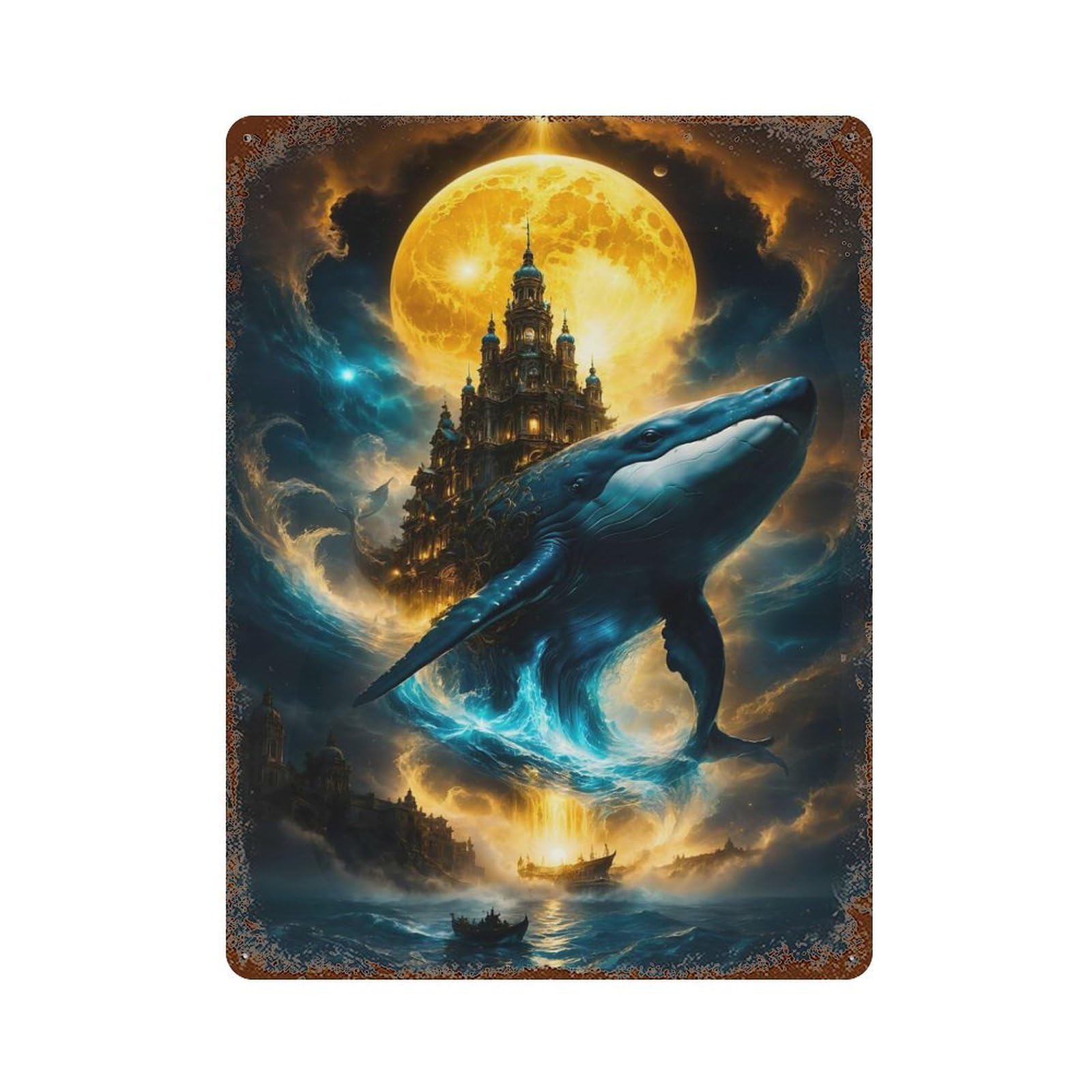 Celestial Whale & Moonlit Fantasy Citadel – Surreal Cosmic Ocean Artwork Retro Metal Sign 15.7"x11.8", for Pub, Kitchen And Man Cave Decor, Retro Wall Decor
