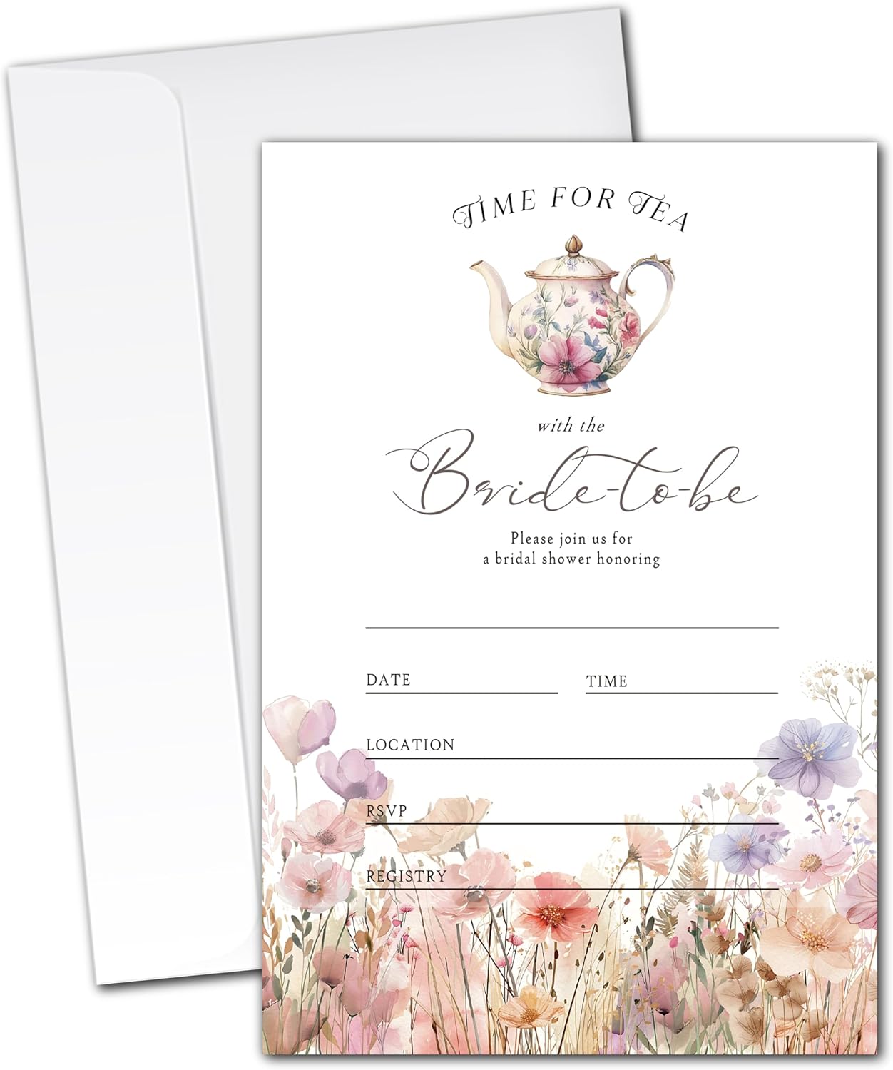 20 Time For Tea With The Bride To Be Invitations, Floral Tea Party Theme Invite Cards with Envelopes, 4x6 Inch Fun Bridal Shower Invites. (067)
