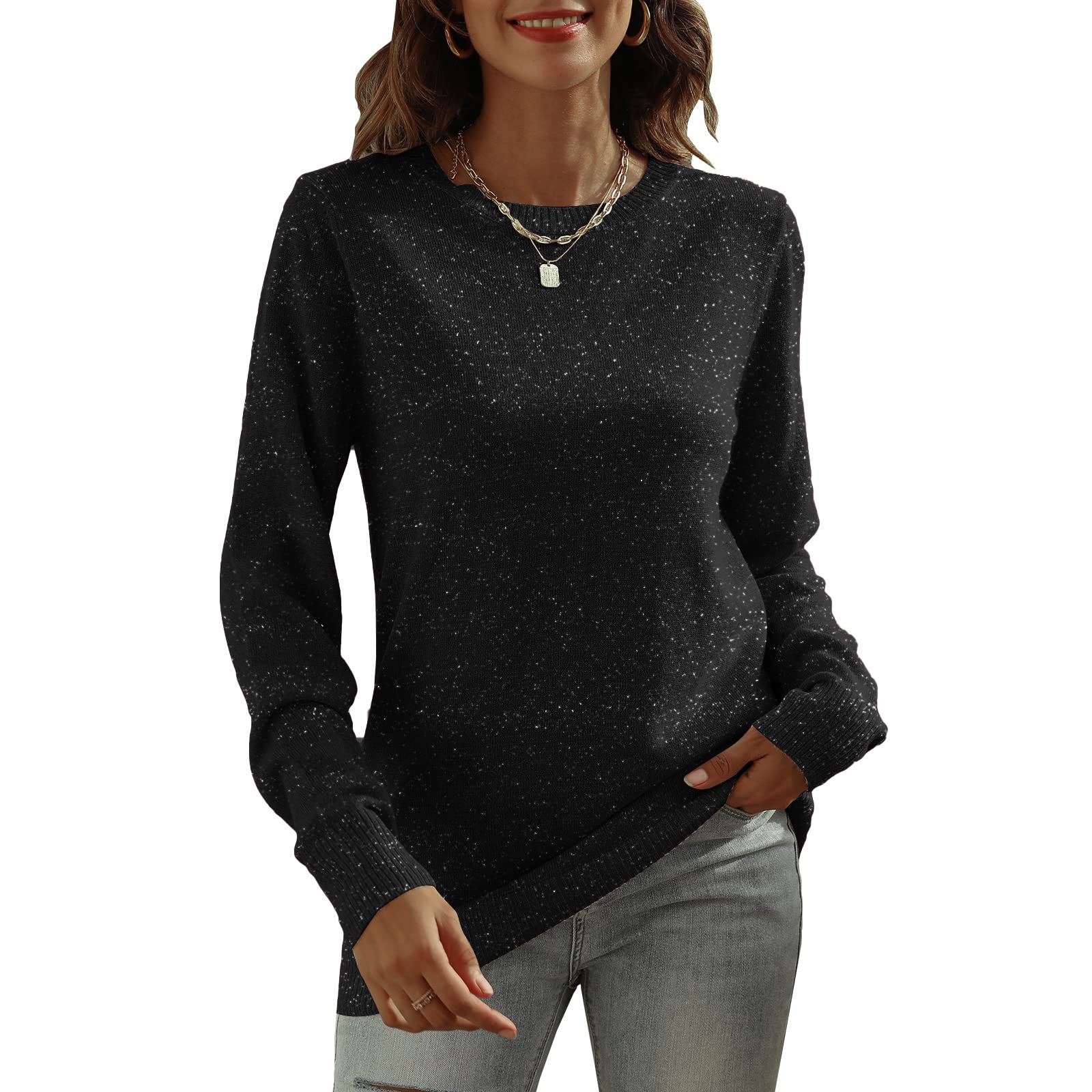 Women's Long Sleeve Glitter Tops Crewneck Pullover Sweater Basic Casual Solid Color Tunic Tops Fall Soft Sweater