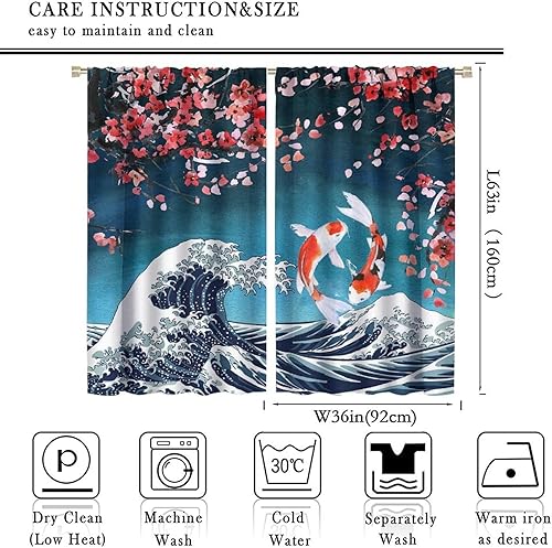 Vista 31 de Cortinas japonesas de pez koi, estilo asiático Koi Big Wave Koi, cortina con bolsillo para cortinero para dormitorio, cocina, sala de estar, Koi