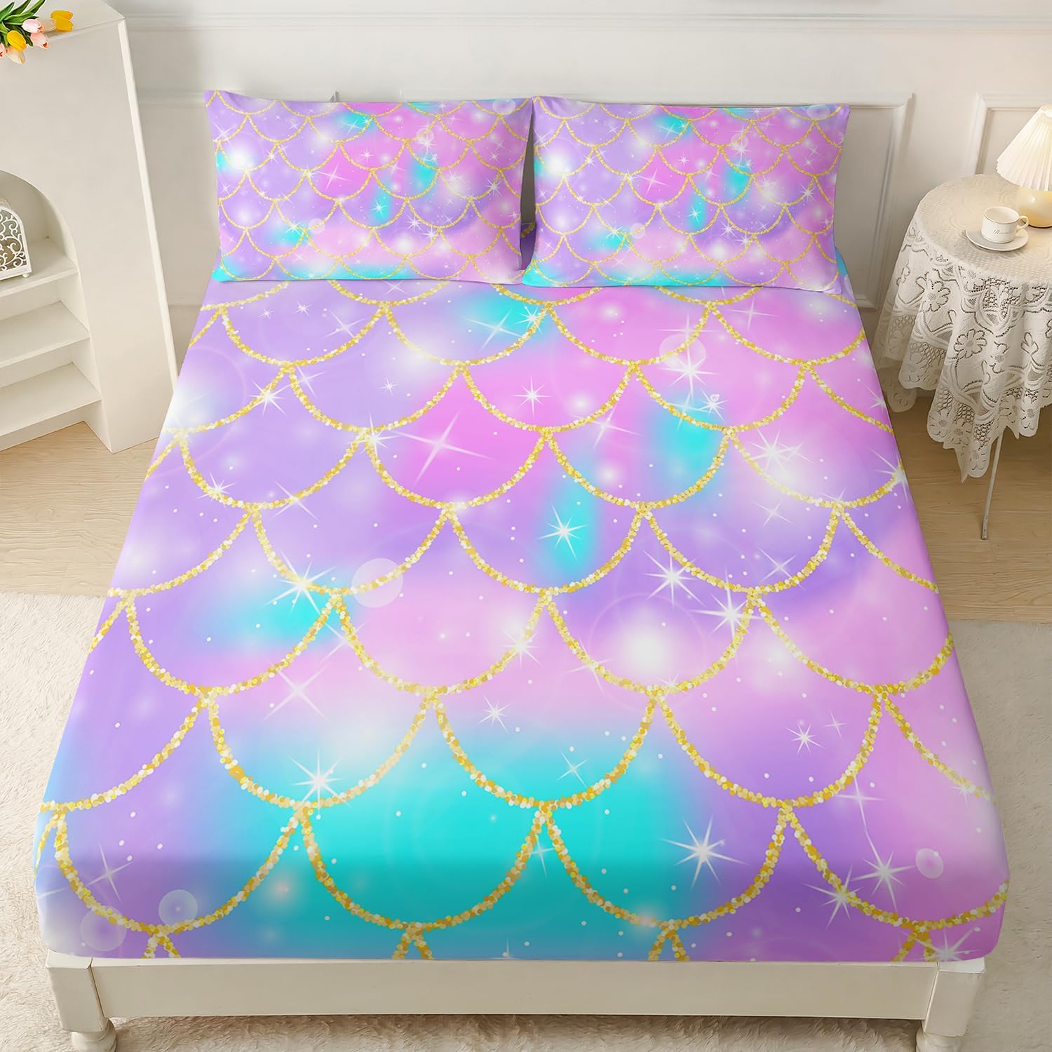 AILONEN Mermaid Scale Fitted Sheet Set Full Size,Purple