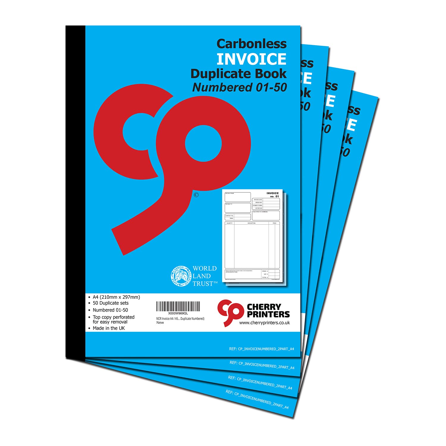 Cherry Carbonless NCR Invoice Book | Duplicate Book | A4 | 50 Sets | Numbered 1-50 | **4 Pack** | Perfect for The self-Employed, Small and Larger Businesses |
