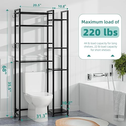Miniatura 3 de Simple Trending Almacenamiento de 8 niveles sobre el inodoro con estante lateral, organizador de baño, estantes de metal para toallas, color negro
