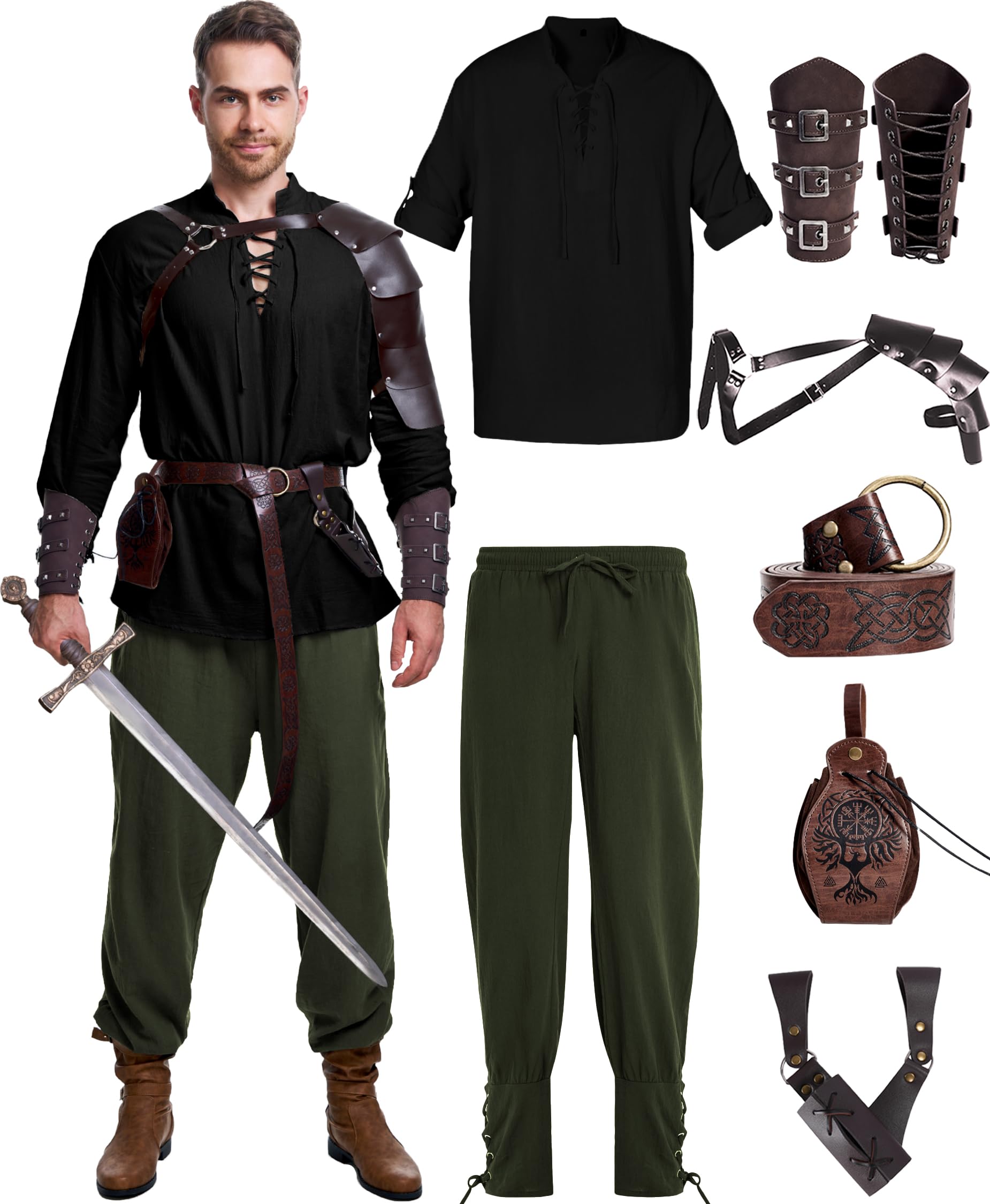 8 Pcs Mens Renaissance Costume Halloween Medieval Pirate Shirt Pant Viking Costume Accessories Set