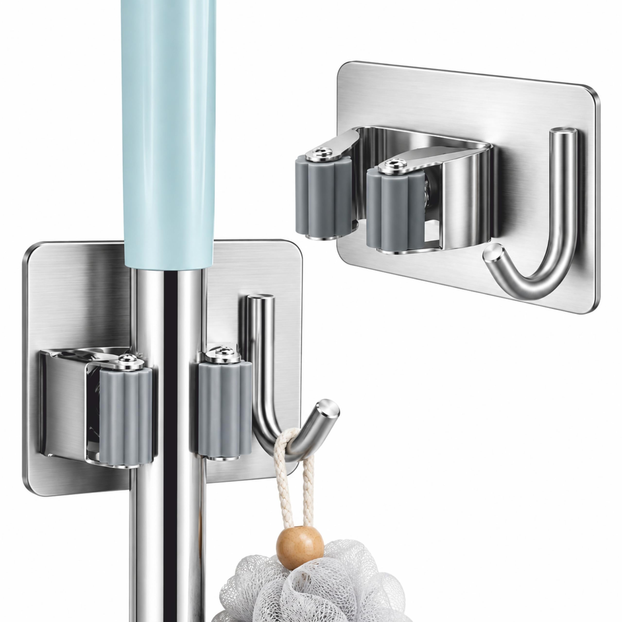 JIALTO 1 Pcs Broom Holder with Hook - Wall-Mounted Adhesive Storage Solution for Broom Holders, Home, and Kitchen Organization Mop Handles & Mop Holder Silver