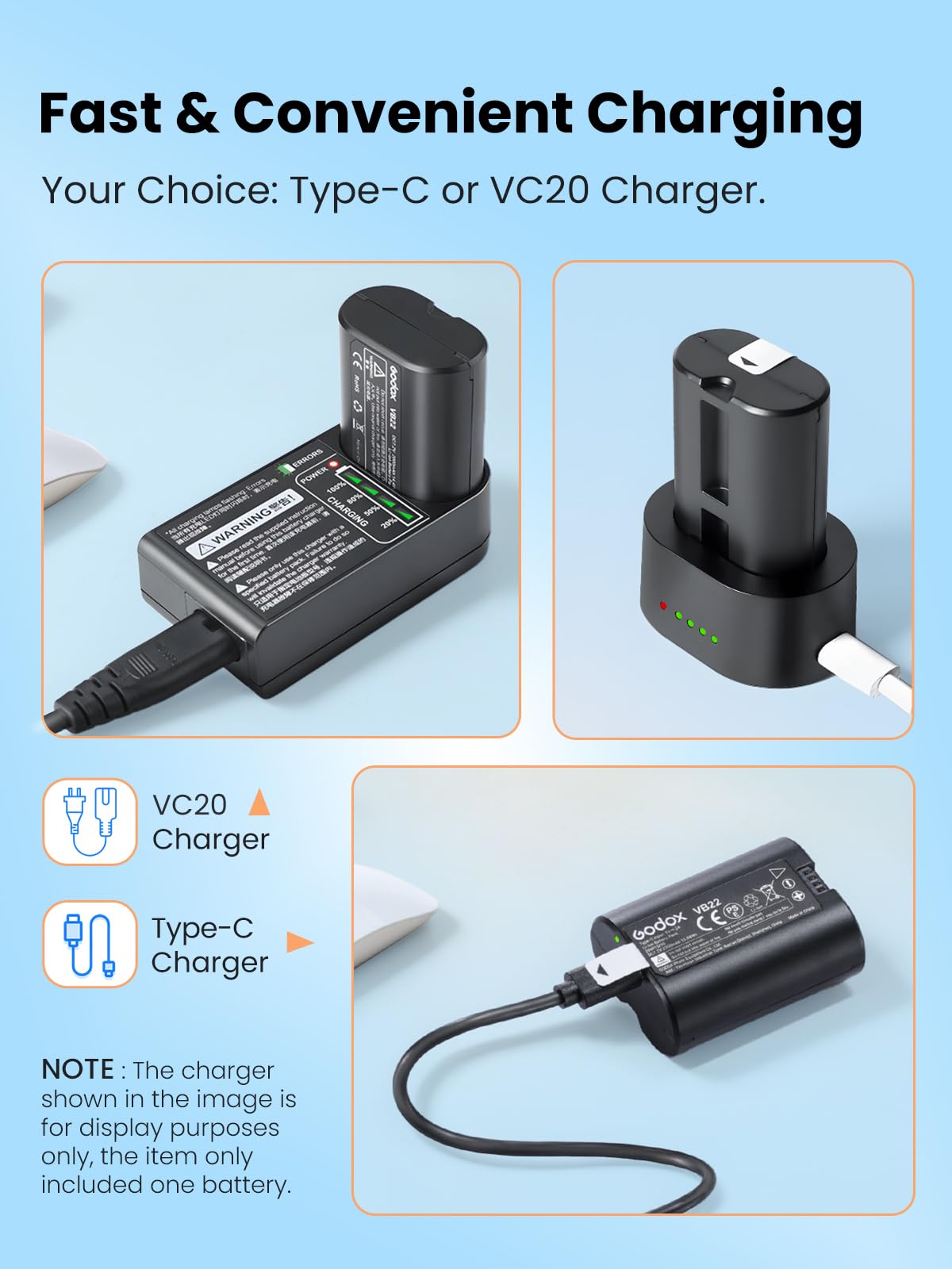 GODOX VB22 Batterie au Lithium pour Godox V480 V1MID V350 Flash, par Exemple V480S V480C V480N V480F V1Mid-N V1Mid-S V1Mid-C V1Mid-F V1Mid-O, 7,2V 2200mAh Batterie Rechargeable, Recharge Via USB-C