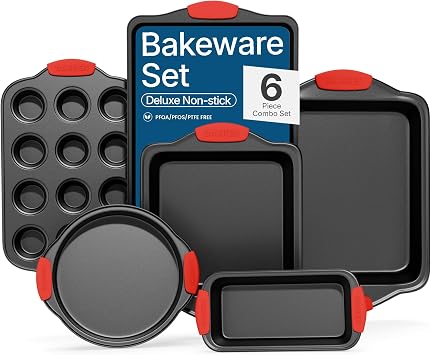 BAKKENMASTER Baking Set 6 Piece Kitchen Oven Bakeware Set Deluxe Non-Stick Black Coating Inside and Outside Carbon Steel Red Silicone Handles PFOA PFOS and PTFE Free by Bakken