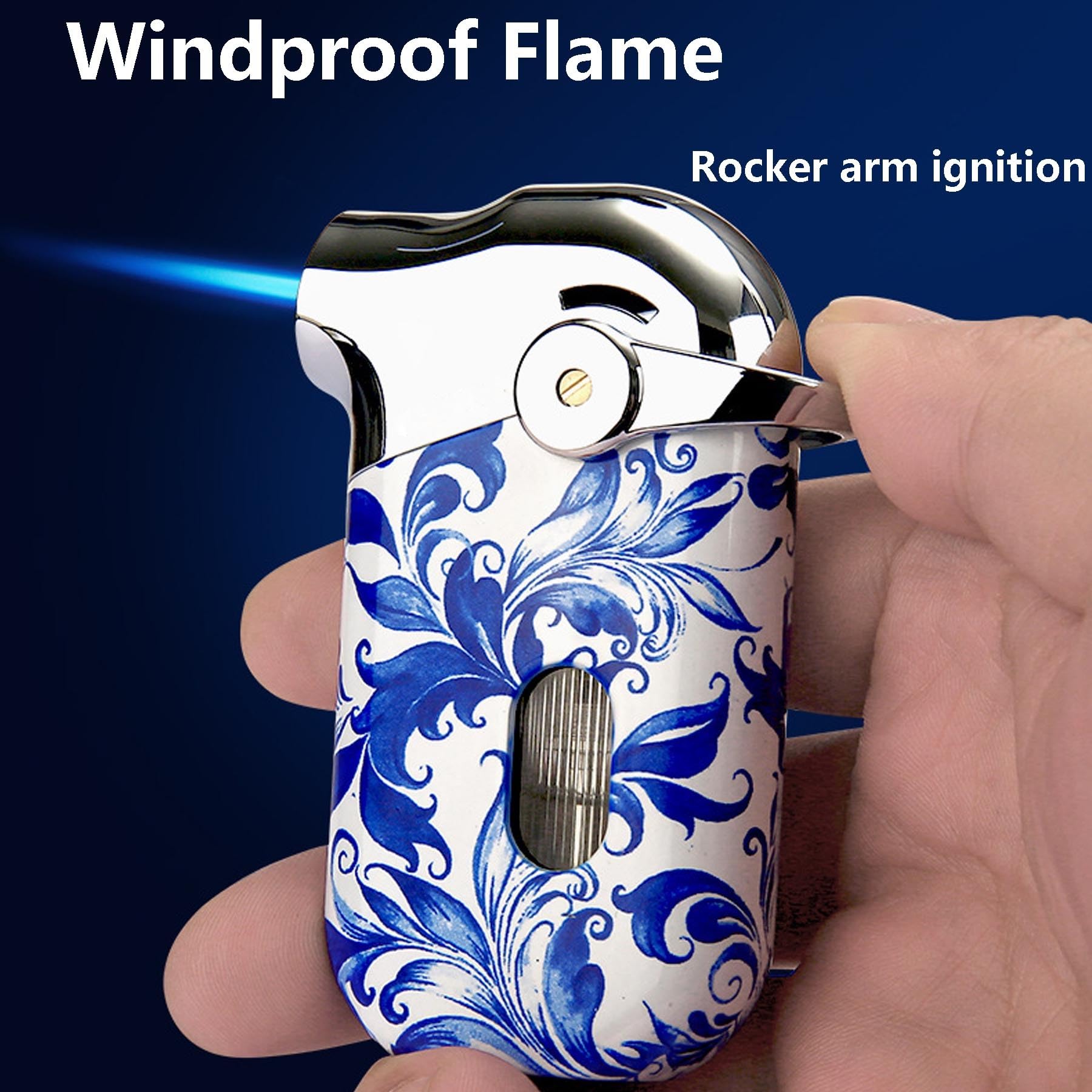 Encendedor de butano resistente al viento con llama ajustable, encendido por empuje y ventana de combustible visible, ideal para camping, barbacoa y uso al aire libre