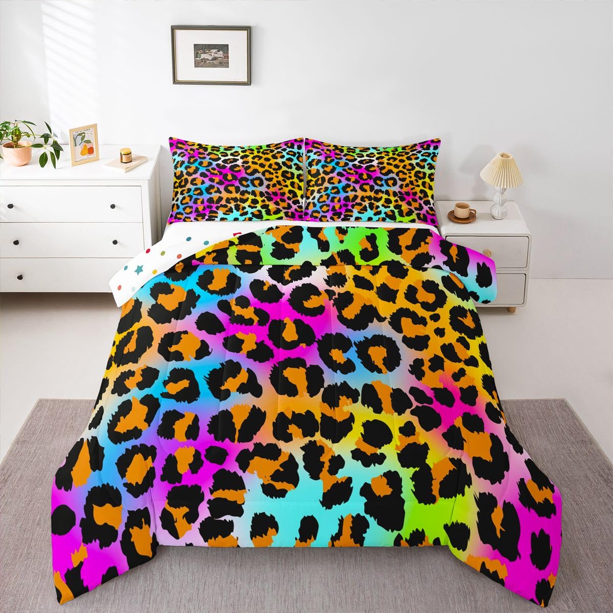 Leopard Print Comforter Set for Girls Kids Women Neon Rainbow Leopard Fur Bedding Set Mottled Exotic Panthera Skin Comforter Room Decor Colorful