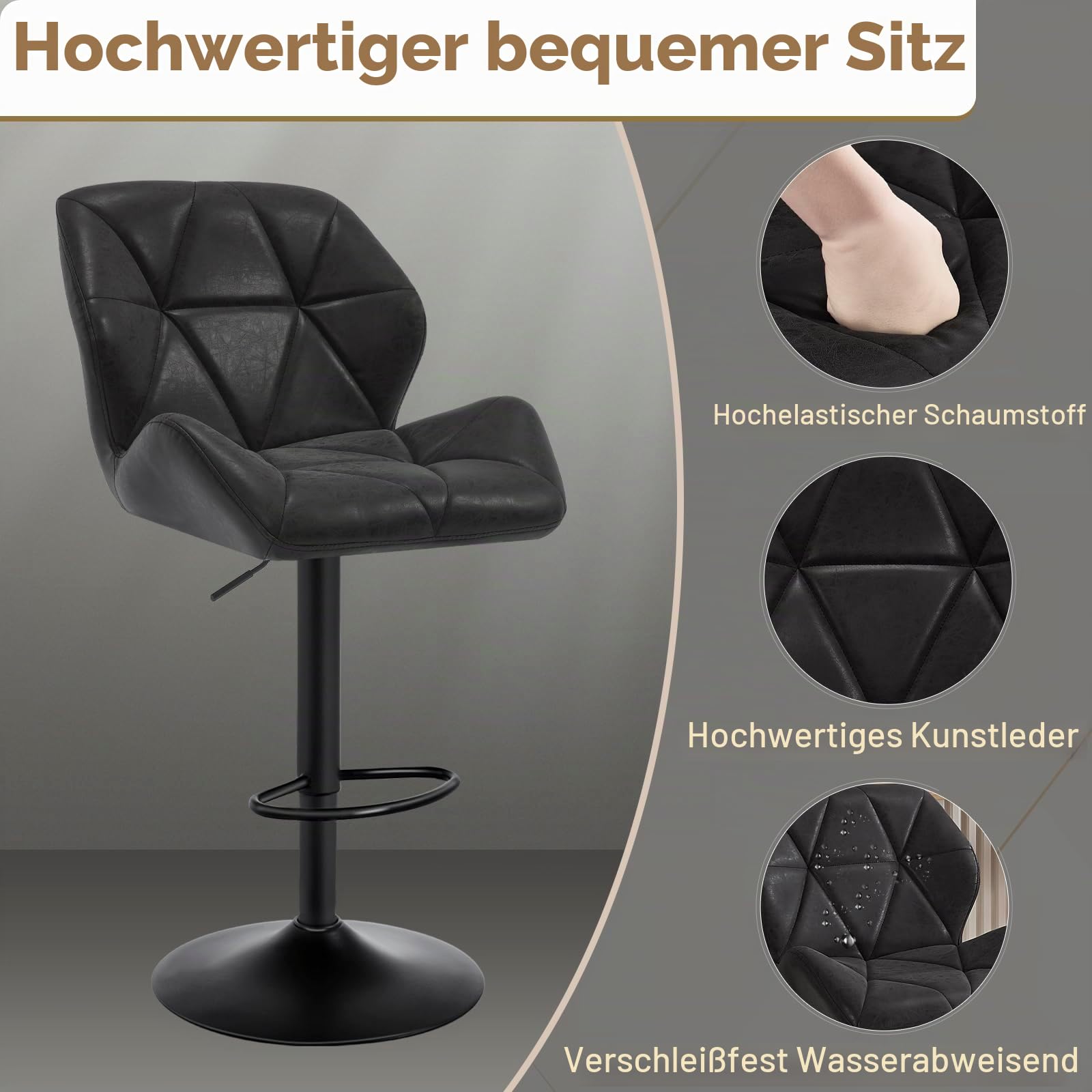 WOLTU Barhocker, Barstuhl Höhenverstellbar, PU-Bezug, Schwarz