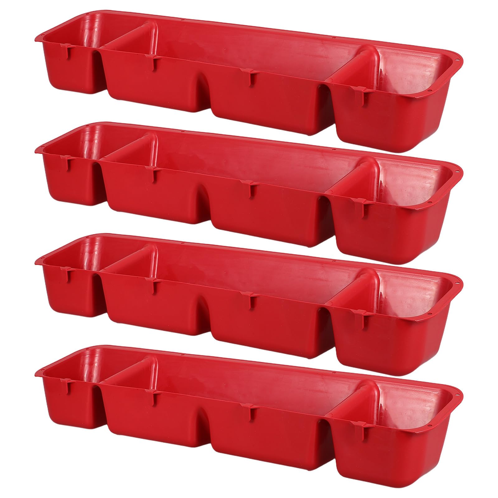 Mangiatoia Sospesa per Pollame 4 Pezzi in Plastica Rossa Scomparti Multipli, Bordo Anti-sgocciolamento, Facile da Smontare e Pulire per Spazi Confinati e Ambienti Umidi