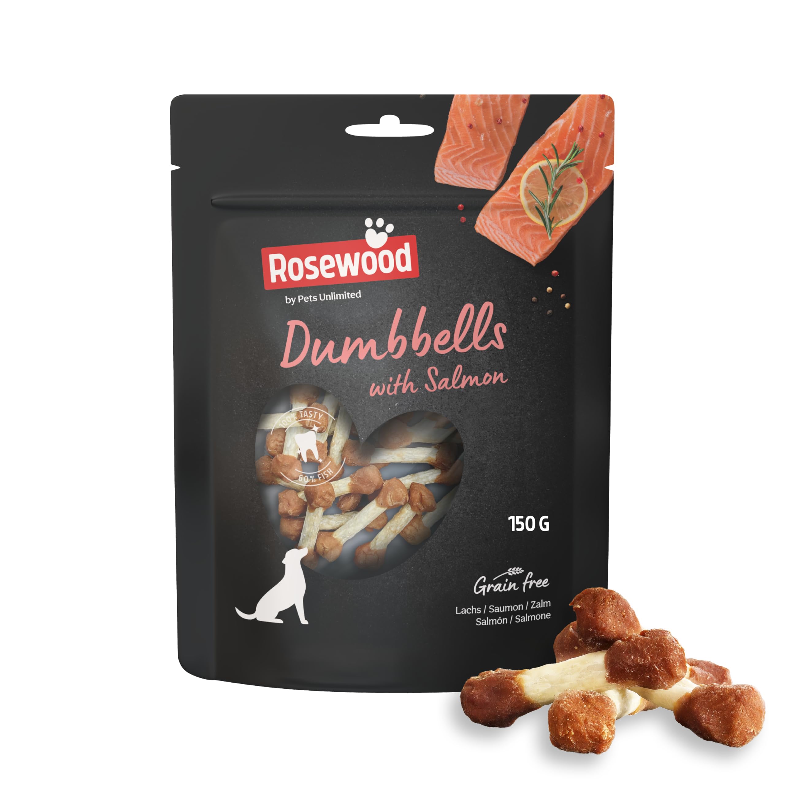 Rosewood Dumbbells Lachs – Kauknochen für Hunde, Kausnack aus Rinderhaut mit Lachs, unterstützt die Zahnpflege, ohne Zusatz von Getreide und künstlichen Zusatzstoffen, 150 g