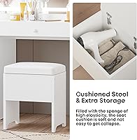 Vista 8 de IRONCK Juego de escritorio de tocador con espejo iluminado LED y toma de corriente 7 cajones tocadores de maquillaje con taburete para dormitorio