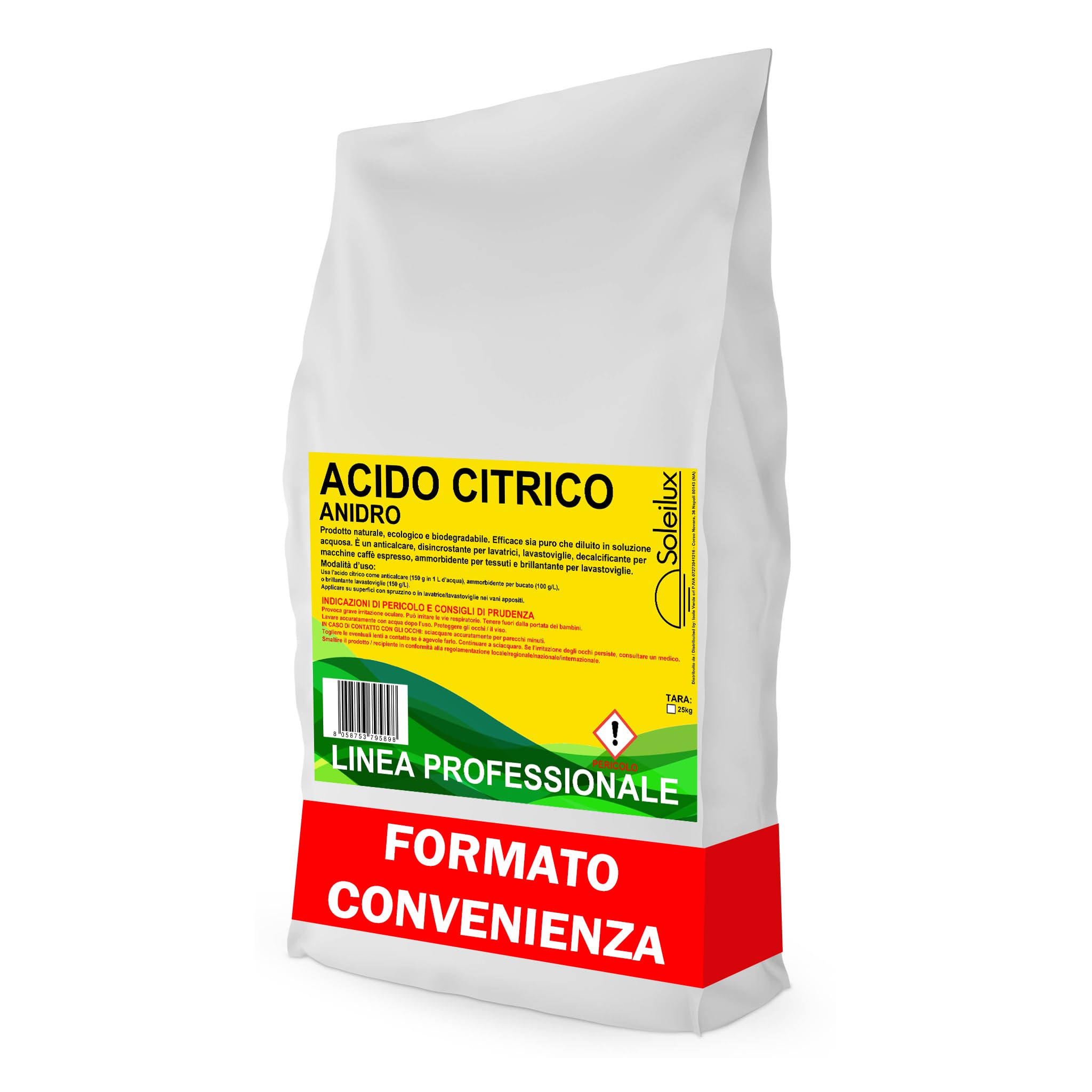 25kg Acido Citrico Anidro in Polvere Puro al 100% Naturale ed Ecologico Multiuso per Pulizia e Igiene Ammorbidente, Anticalcare, Brillantante, Disincrostante, Decalcificante - MULTIUSO