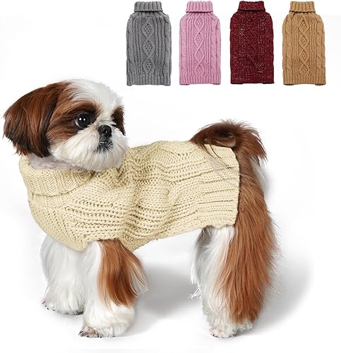 KYEESE Suéteres para perros pequeños, cuello alto, suéter de punto trenzado para cachorros con hilo dorado para clima frío, beige, talla XS