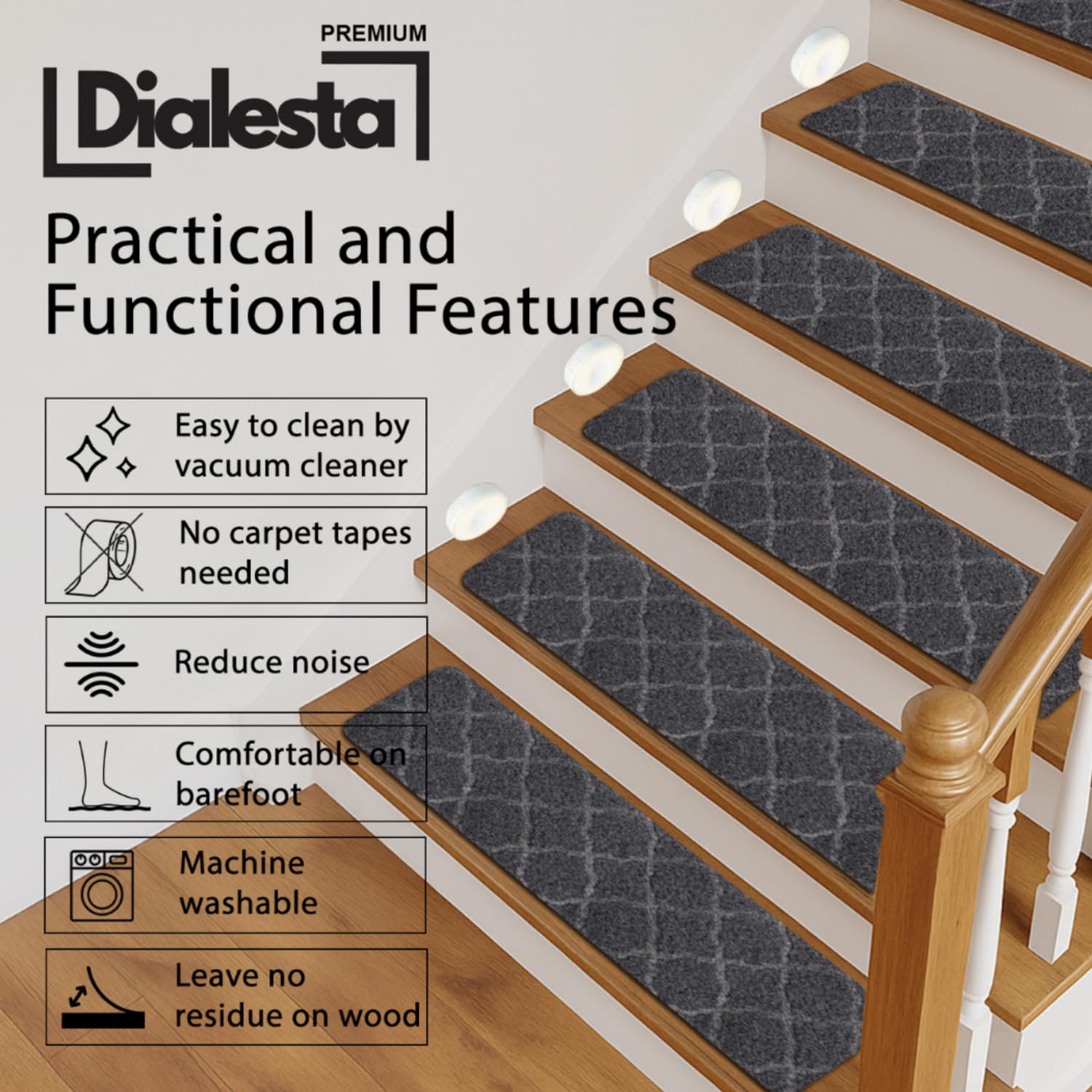 Stair Treads for Wooden Steps Indoor, Includes 15 Non-Slip Carpet Mat 8x30in with 5 Motion Sensor Lamps, Peel & Stick Carpet Stair Treads,Safety Stair Rugs for Kids, Elderly and Pets (Dark Gray)