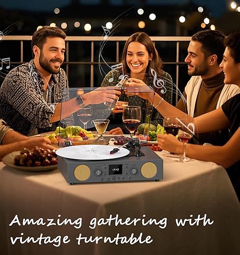 Miniatura 5 de VinylsLink - Tocadiscos de 3 velocidades accionado por correa con altavoces integrados, radio FM, Bluetooth, salida de línea RCA, entrada AUX,