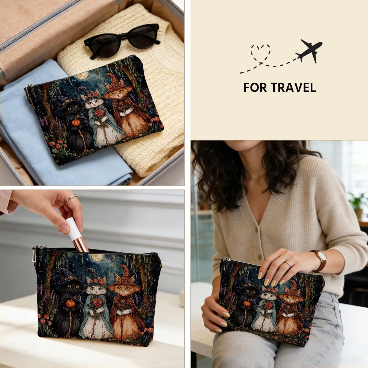 Retro Night Cat Wizard Makeup Bag, Cats Gifts Cosmetic Makeup Pouches with Zipper Travel Office Makeup Cosmetic Bags, Toiletry Organizer Pouch, Cat Lover Gifts for Cats Lovers - Image 5