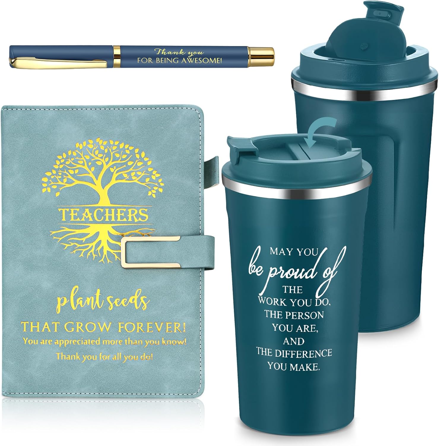 Pickmesh Teacher Gift Set 17 oz Coffee Tumbler A5 Leather Journal with Pen Valentines Teacher Appreciation Gift Thank You Favor for Male Female Educator Boss Birthday Retirement(Lake Blue,3 Pcs/1 Set)