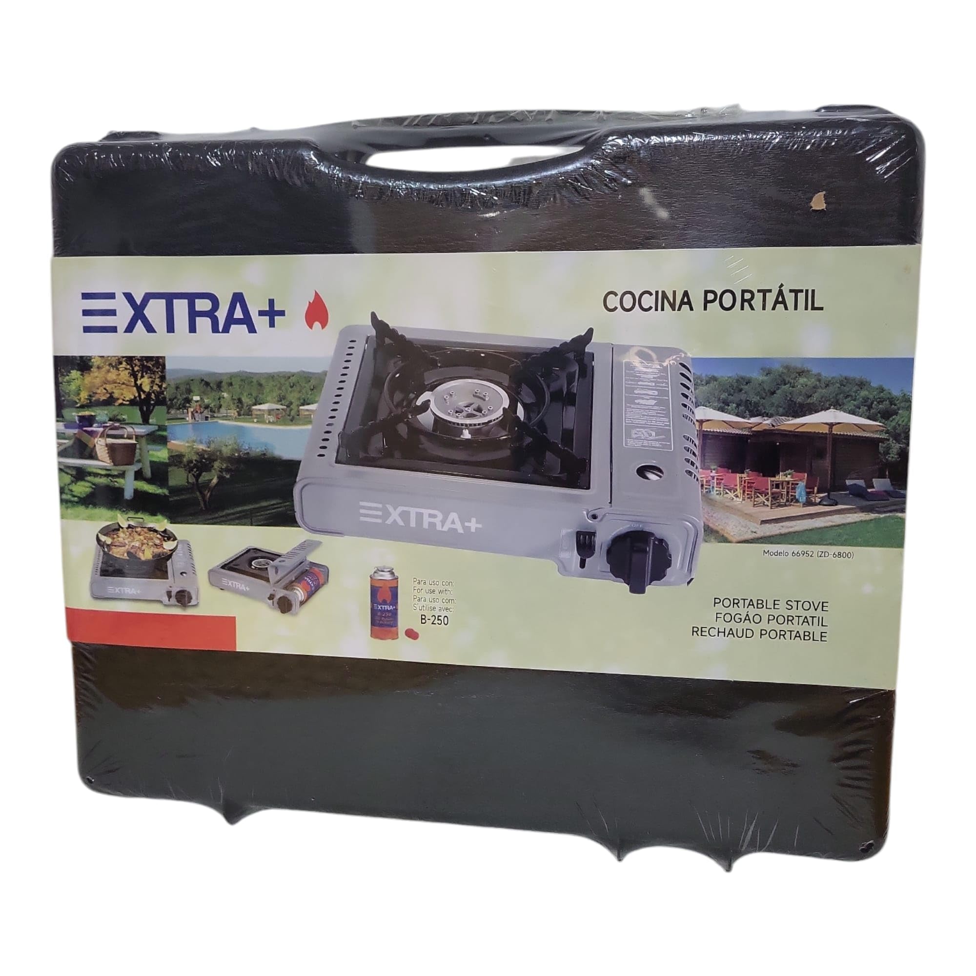 Extra+ Hornillo Portátil con 4 Cartuchos de Gas y Maletín de Transporte, Cocina de Gas
