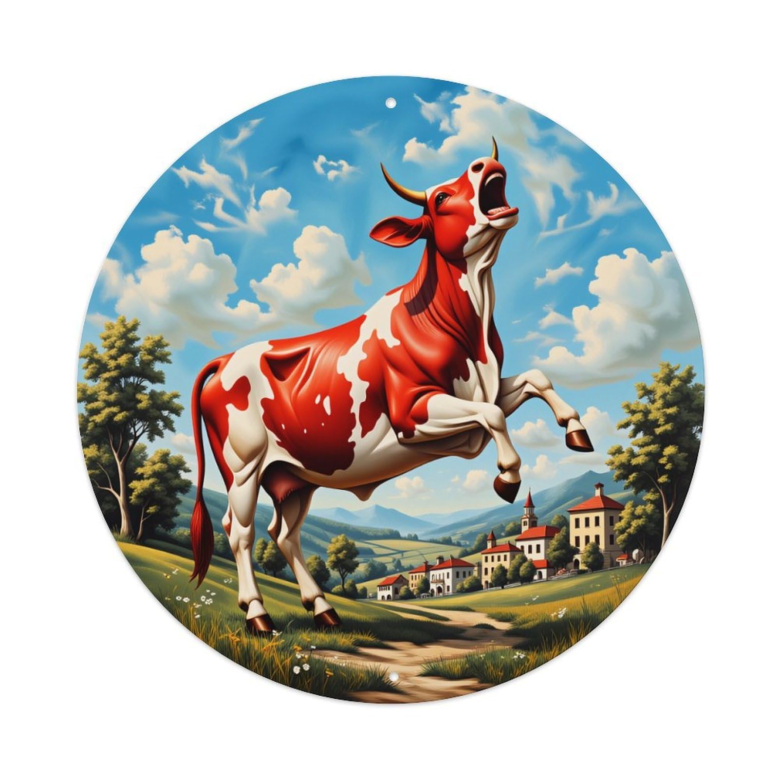 Cow Leaping In Pastoral Scene Vintage Metal Tin Sign Retro Wall Decor for Home Bar Garage Cafe, Indoor & Outdoor Decorative，circle Metal Poster, 8x8 Inch