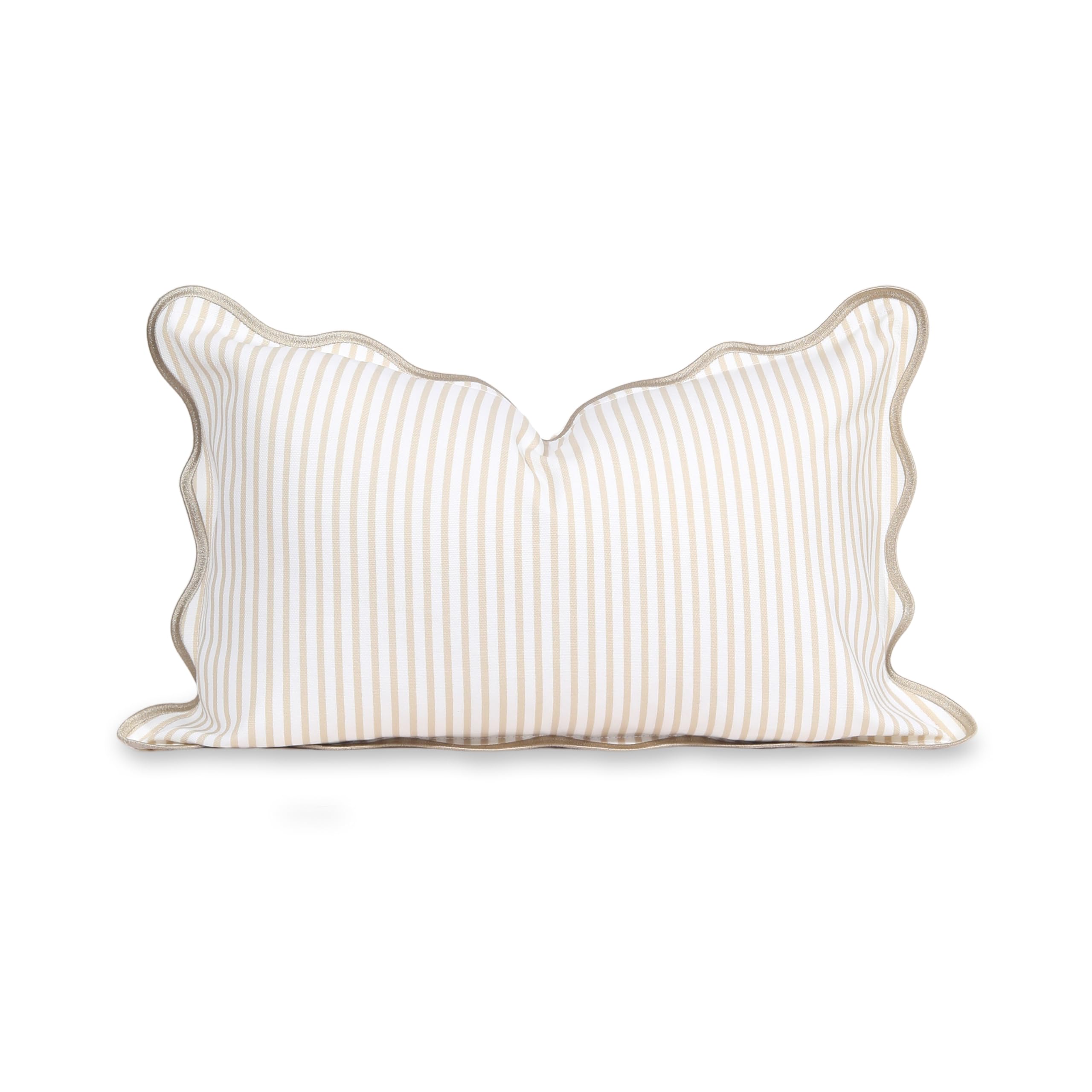 Photo 1 of Hofdeco Premium Coastal Patio Indoor Outdoor Scalloped Lumbar Pillow Cover Only, 12"x20" Water Repellent for Backyard, Couch, Neutral Tan Print Stripes