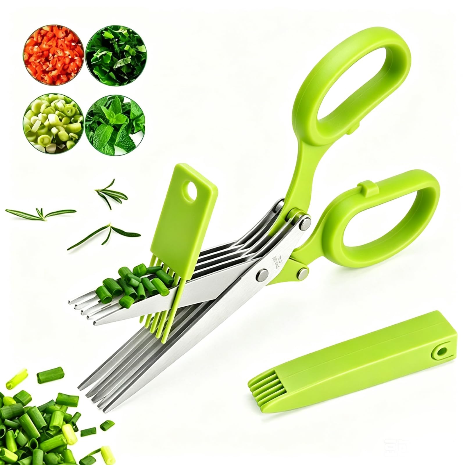 Herb Scissors 5 Blades Stainless Steel Kitchen Cilantro Chopper (Green)