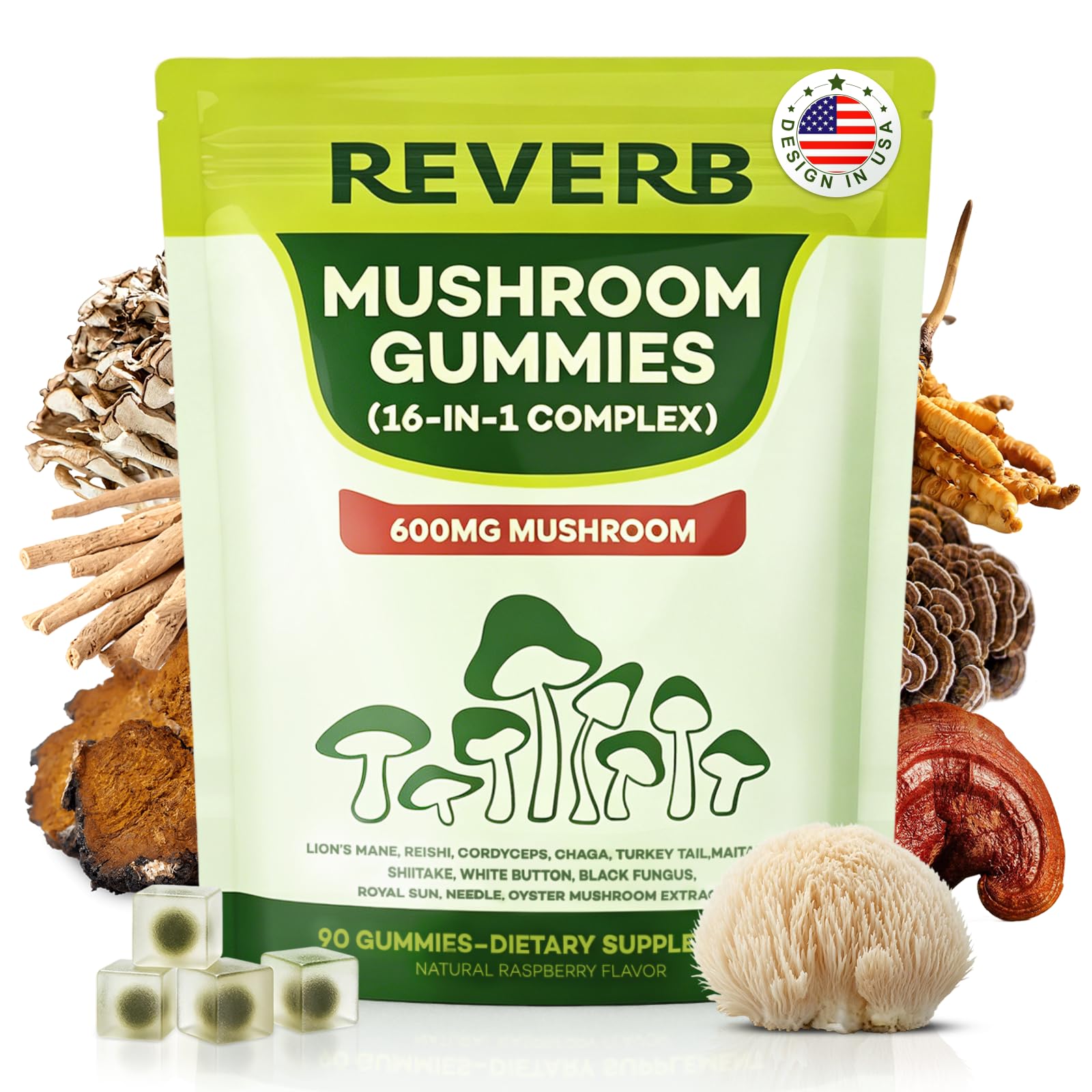 REVERB Gomas de cogumelos com Lion's Mane, Reishi, Cordyceps, Turkey Tail, Shiitake, Chaga, Maitake, Ashwagandha e vitaminas, 60 gomas