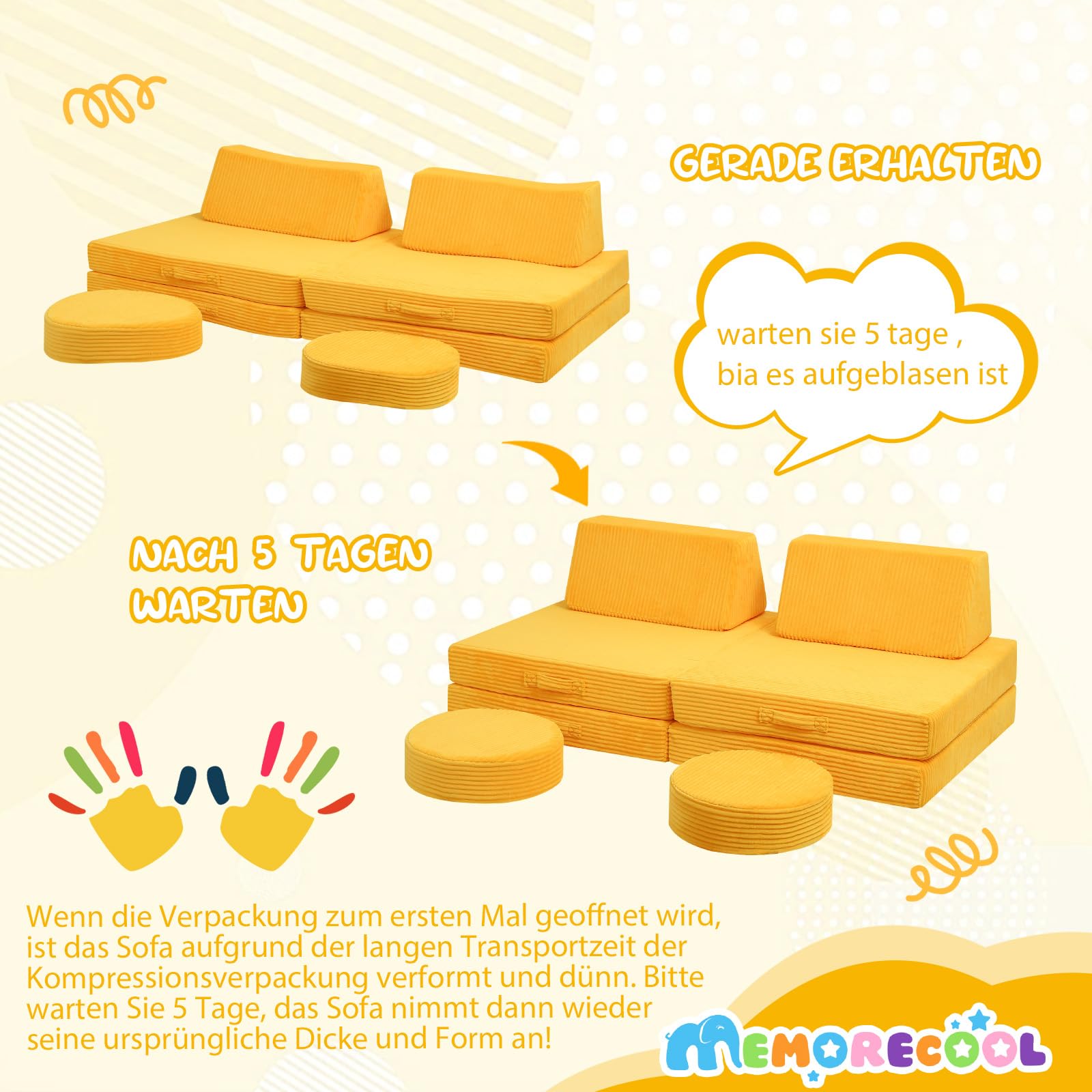 MeMoreCool Sofá de juego para niños, 8 piezas de pana modular para sala de juegos, sofá plegable para bebé, sofá de espuma convertible para niños y niñas, color amarillo